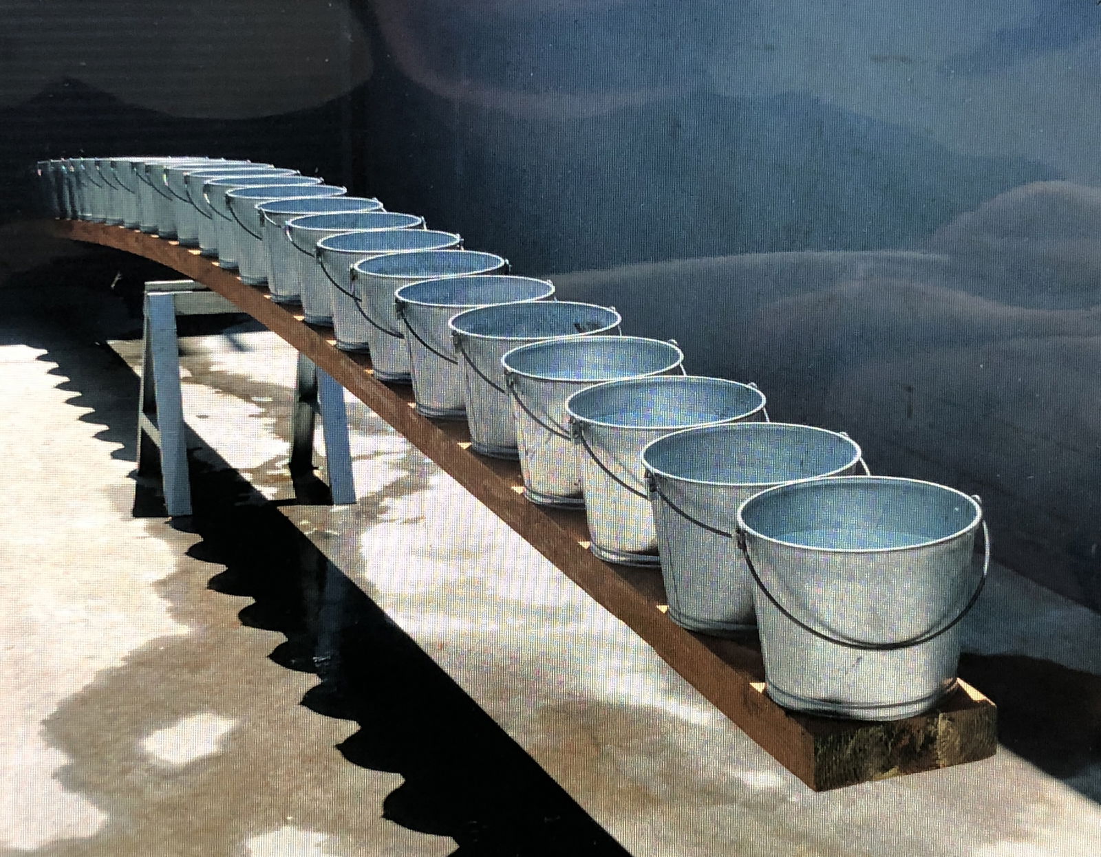 Klaus Rinke - Mixed Media (30' Plank, 25 Buckets, Steel Sawhorse), 'Performed Sculpture' (1 of 1)