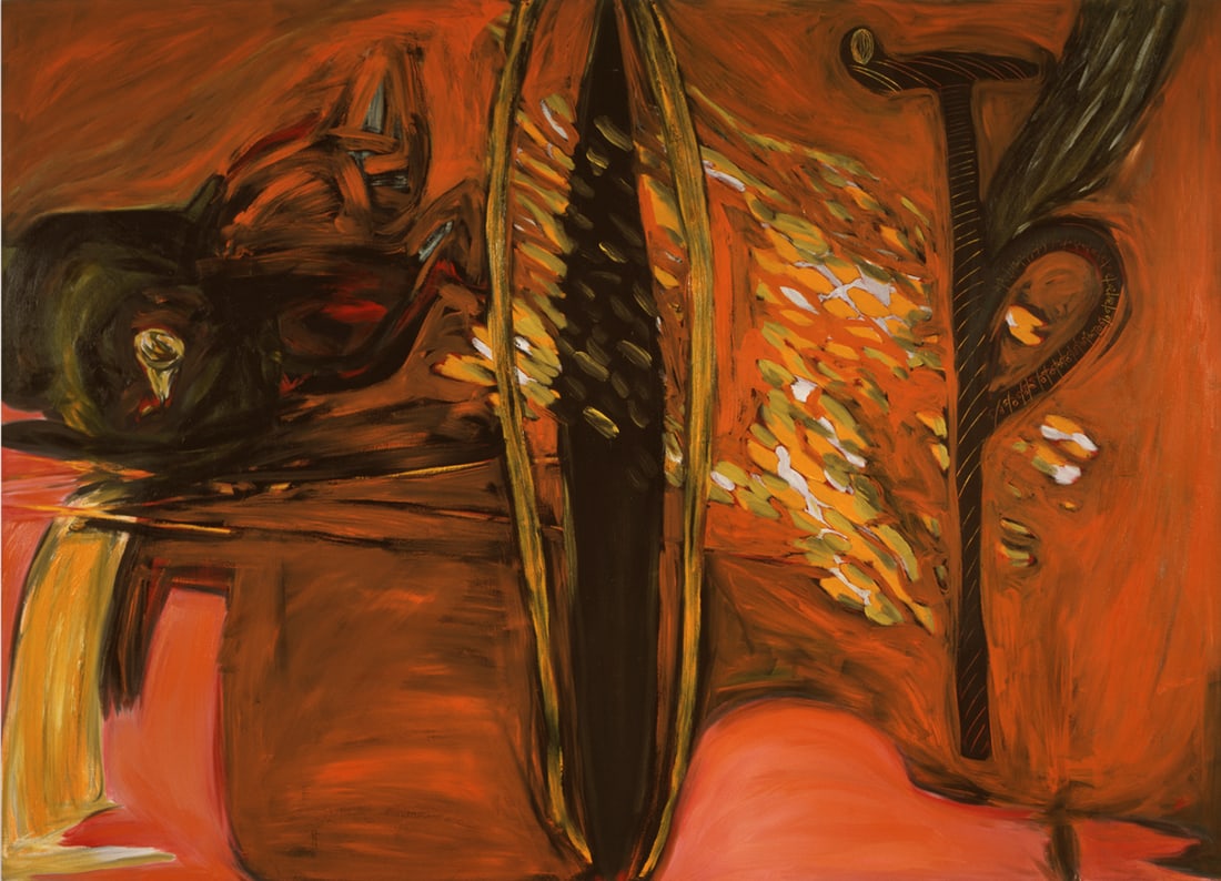 David Amico - Oil on canvas, 'Homes': David Amico - Oil on canvas, 'Homes' Date: 1985 Signed: Recto Dimensions: 78 x 108 x 2 in Condition: Artwork in excellent condition a regular paint pattern on the bottom left screws holding the stretc