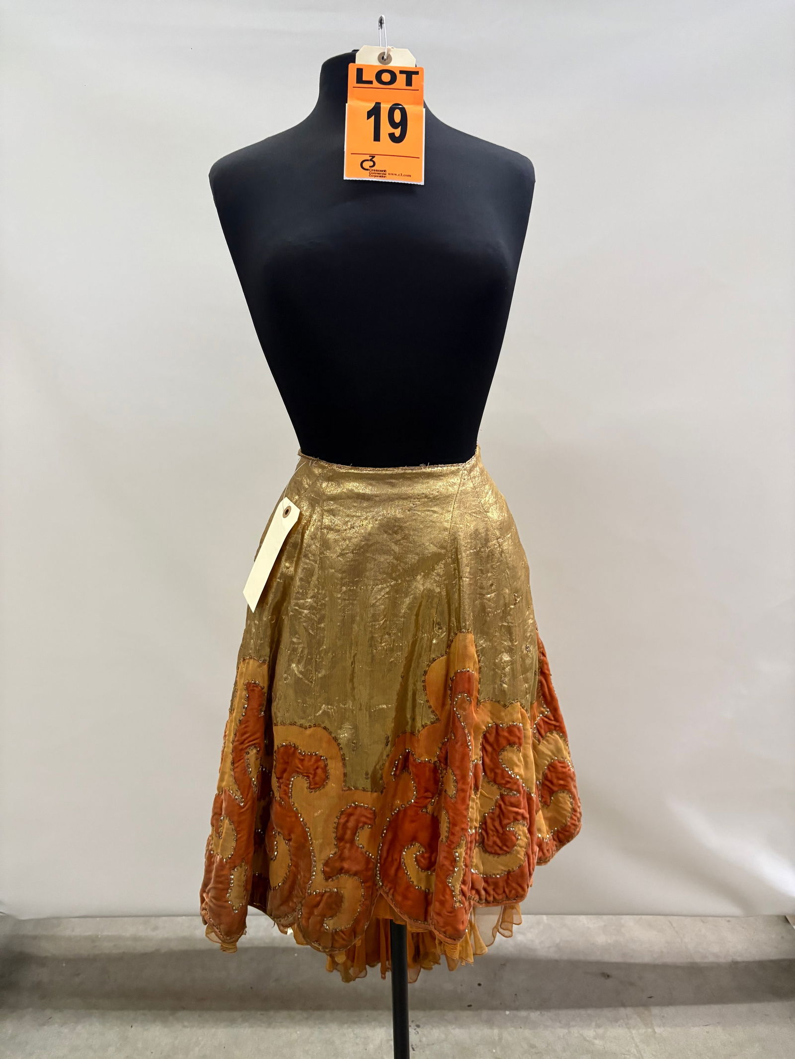Dance skirt, circa 1920s, gold lamé with peach silk velvet, rhinestones, real vintage. (1 of 5)