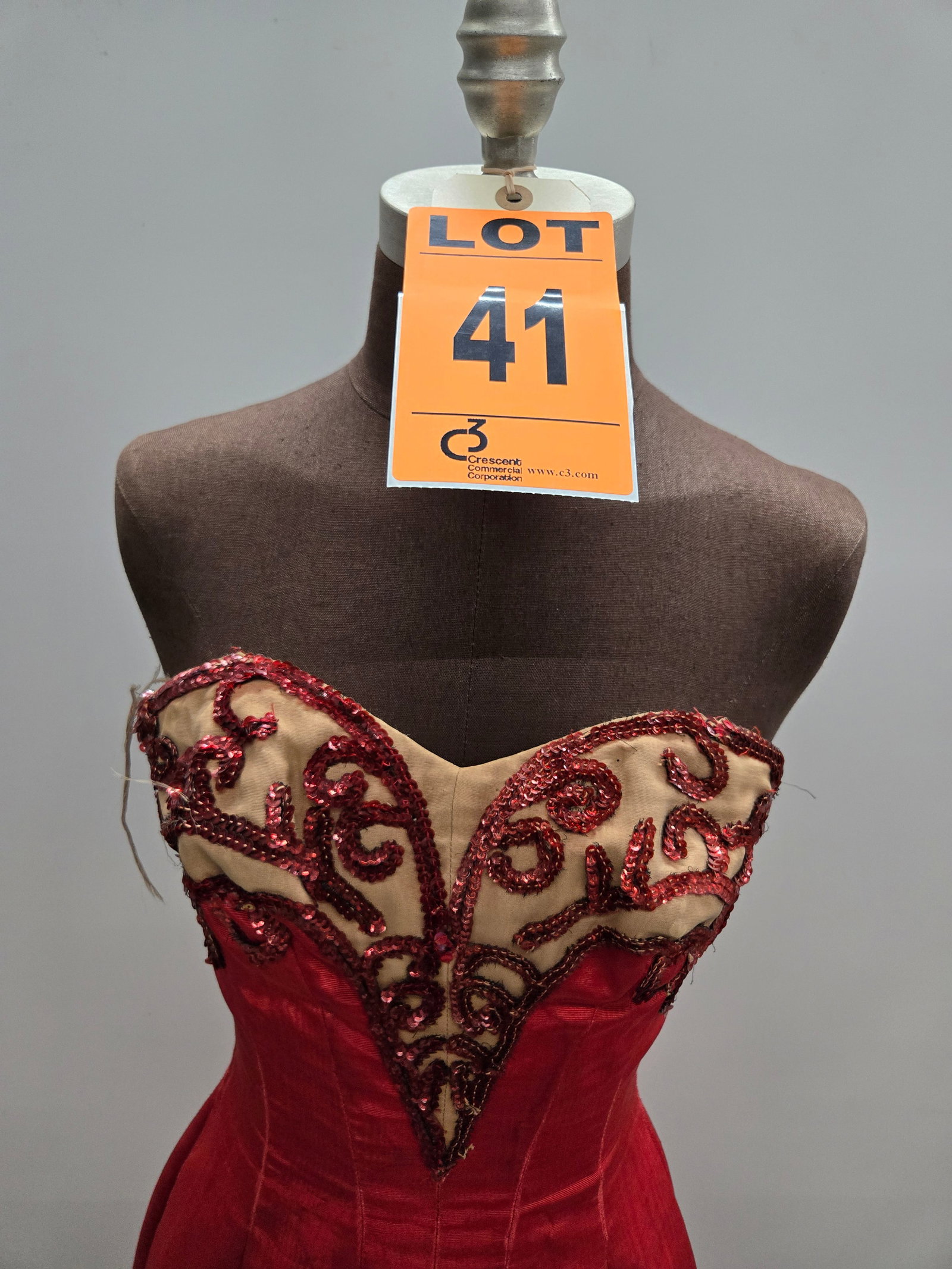 Saloon girl costume, n/a, red faille, sequin trim, studio made.: Saloon girl costume, n/a, red faille, sequin trim, studio made. IMPORTANT NOTE TO BIDDERS: We are not an auction gallery but a liquidator retained by CRC as they wind-down operations. As such, we cann