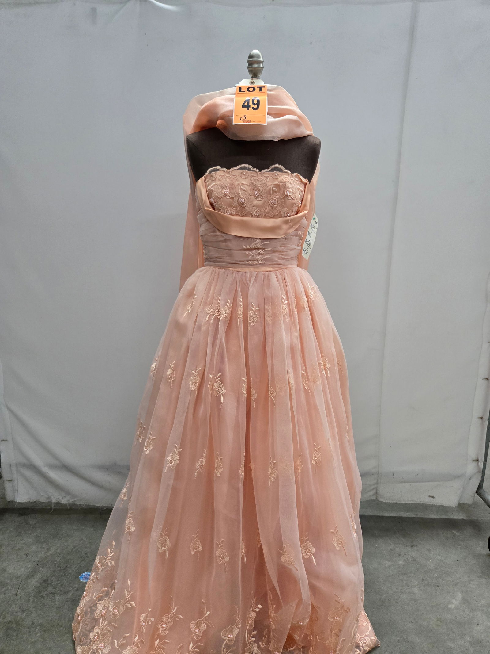 Evening gown, 1950s, peach embroidered crystalline, two-piece strapless with shawl, n/a. (1 of 4)