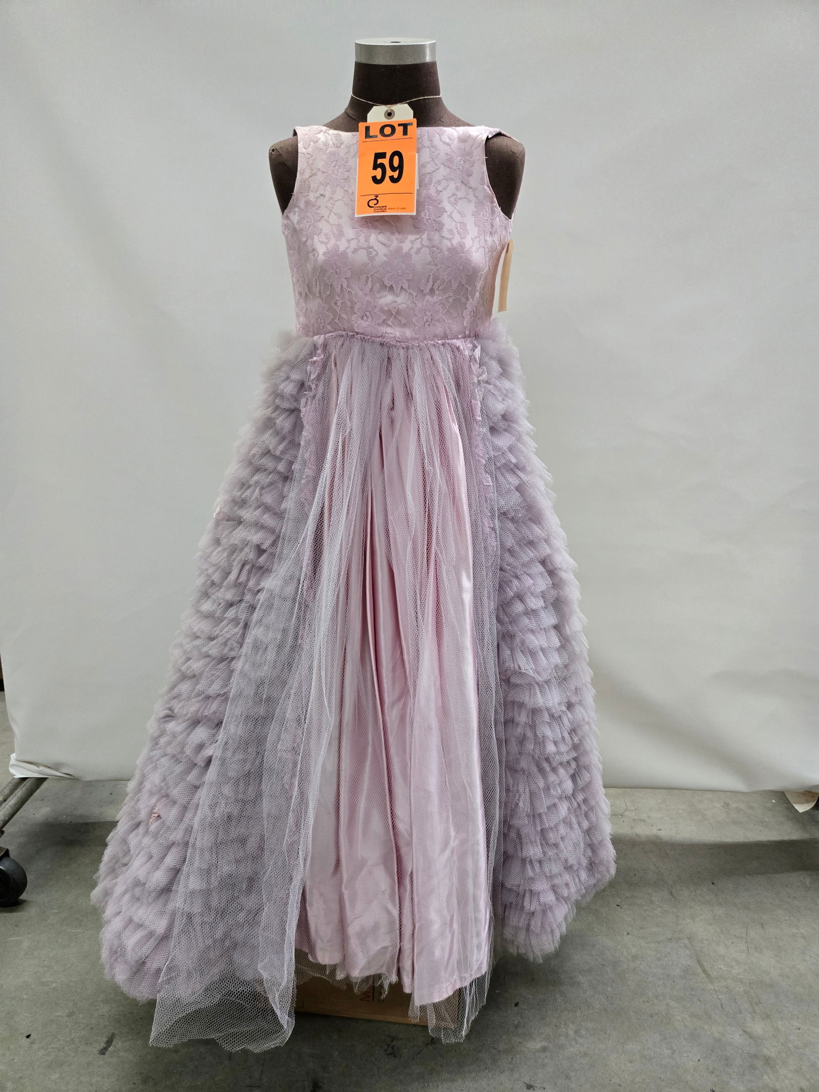 Prom dress, 1950s, lavender, floral lace bodice with net-covered satin front panel, multi mini-ruffl (1 of 6)