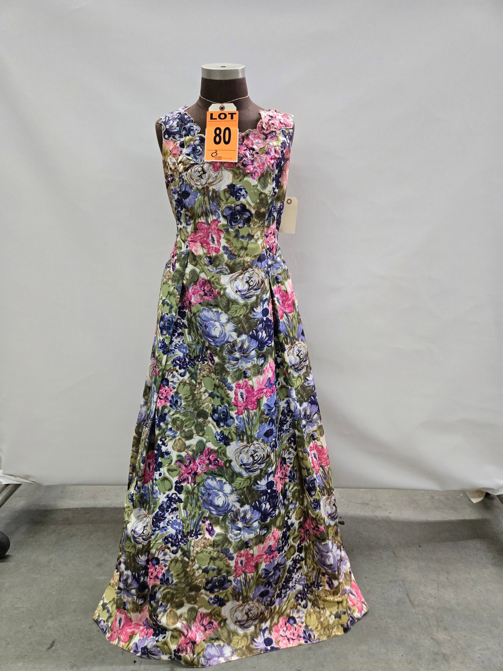 Evening gown, 1950s, multi-green/purple/pink floral taffeta, sequins and beads, n/a.: Evening gown, 1950s, multi-green/purple/pink floral taffeta, sequins and beads, n/a. IMPORTANT NOTE TO BIDDERS: We are not an auction gallery but a liquidator retained by CRC as they wind-down operati