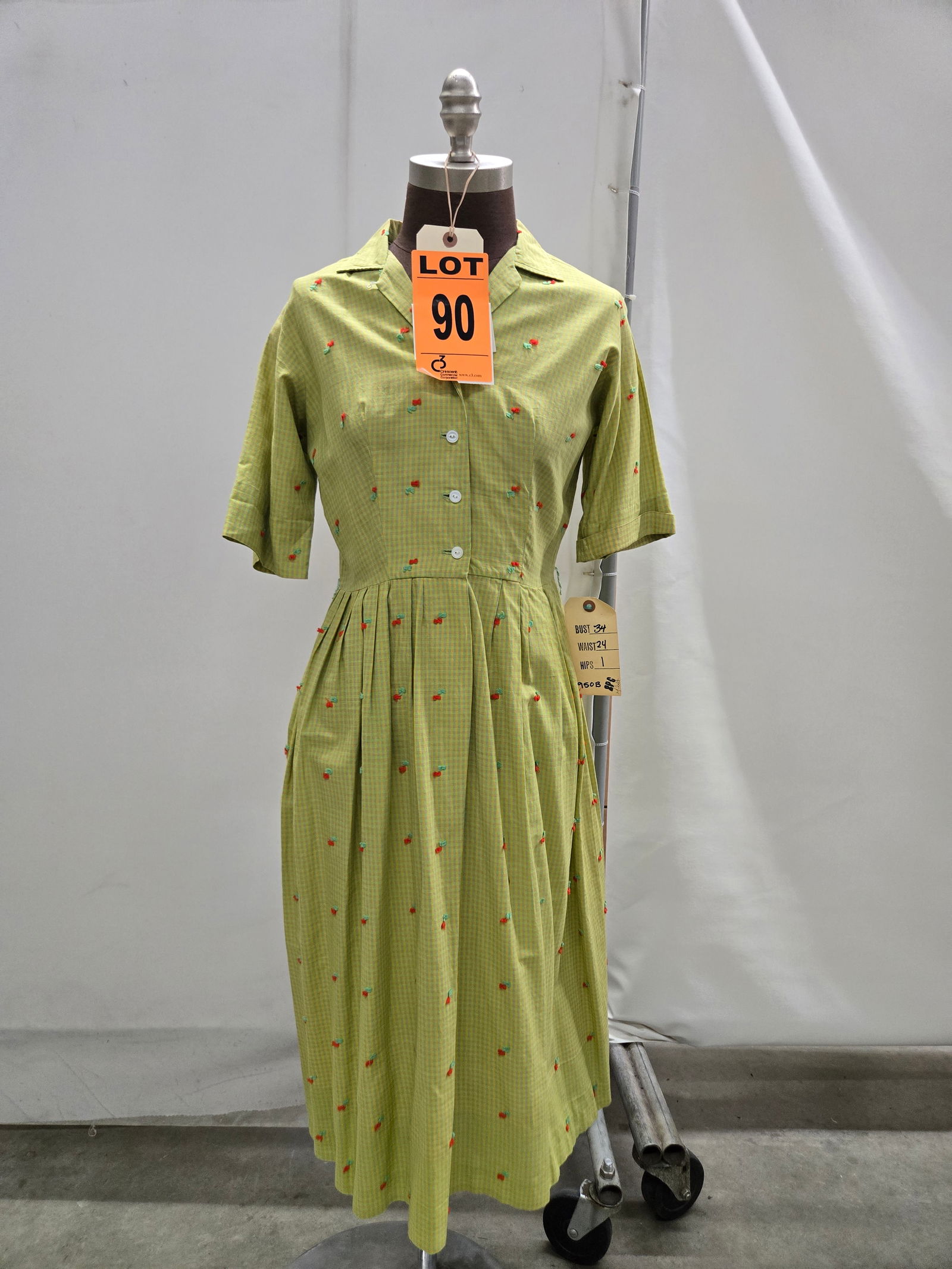 Shirtwaist dress, 1950s, green/yellow/peach plaid cotton, pulled slub, button front.: Shirtwaist dress, 1950s, green/yellow/peach plaid cotton, pulled slub, button front. IMPORTANT NOTE TO BIDDERS: We are not an auction gallery but a liquidator retained by CRC as they wind-down operati