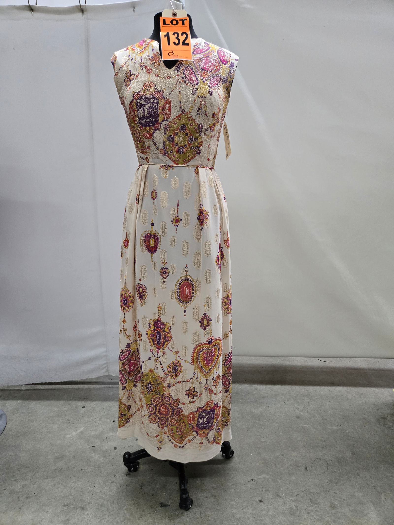 Evening gown, 1960s, cream/purple/pink/yellow/gold/green lamé, Indian print silk. (1 of 5)