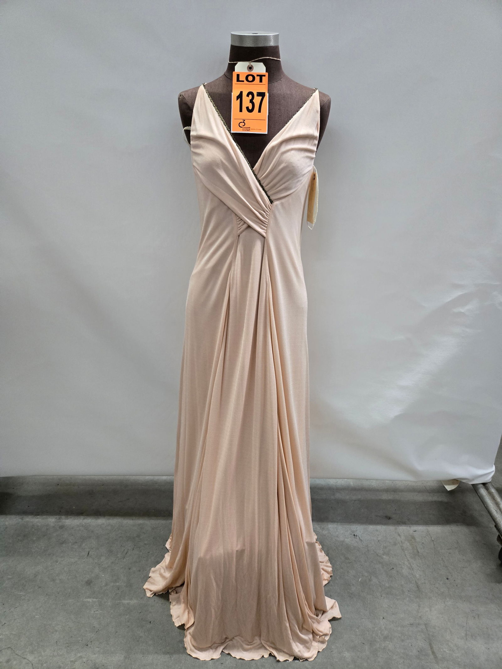 Evening gown set, 1960s, blush silk jersey, spaghetti straps with gold trim at neck/straps, self bel: Evening gown set, 1960s, blush silk jersey, spaghetti straps with gold trim at neck/straps, self belt. IMPORTANT NOTE TO BIDDERS: We are not an auction gallery but a liquidator retained by CRC as they