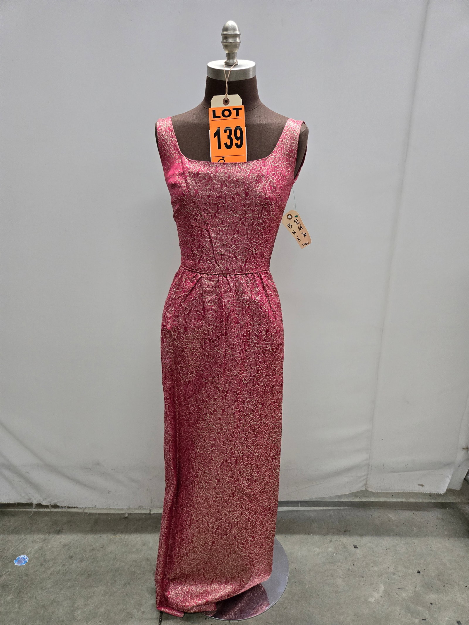 Evening gown, 1960s, hot-pink/silver lamé floral brocade, sheath. (1 of 4)
