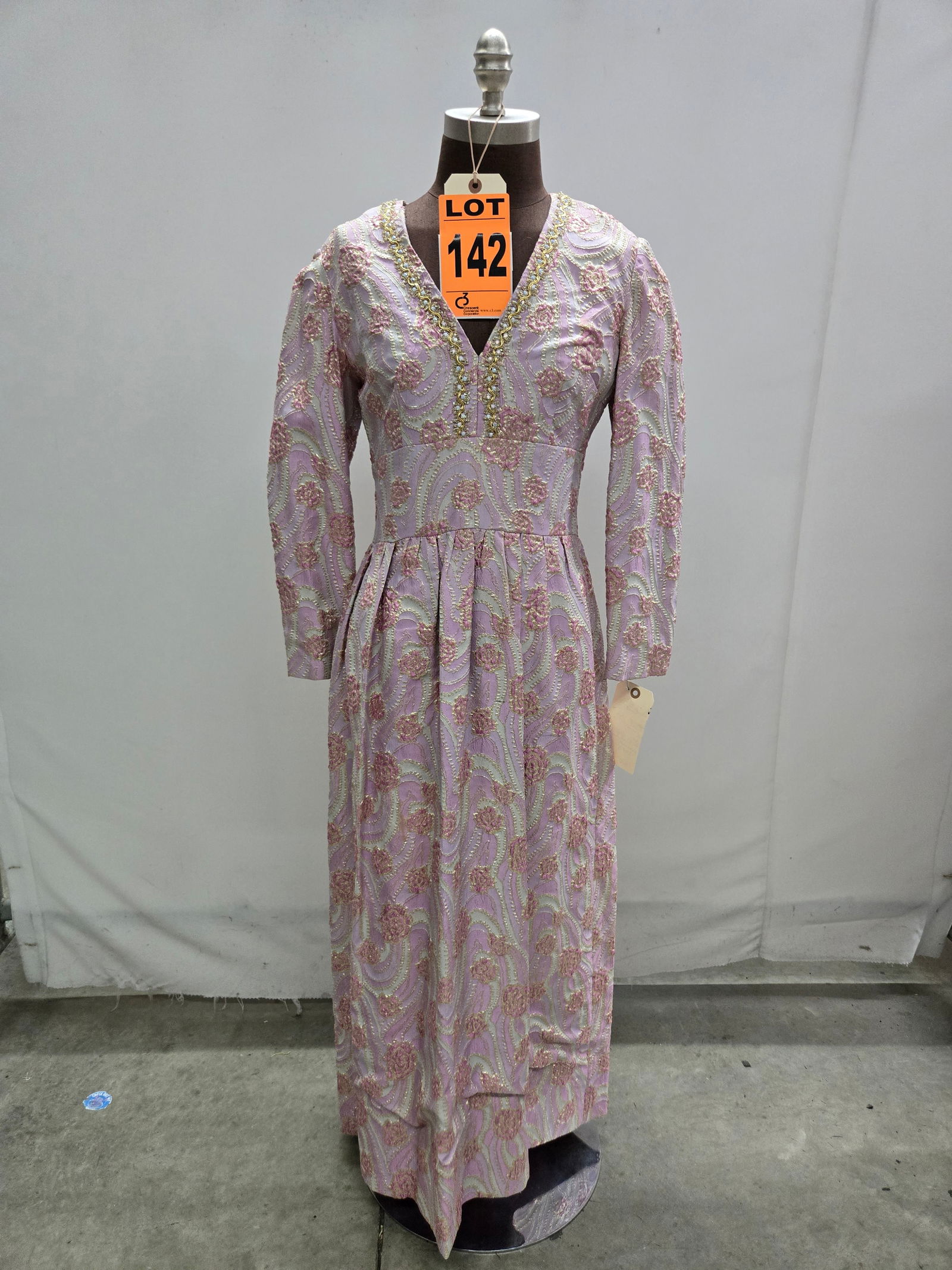 Evening gown, 1960s, lavender/pale green/gold lamé rose metal lace, gold trim with AB rhineston: Evening gown, 1960s, lavender/pale green/gold lamé rose metal lace, gold trim with AB rhinestones at neck. IMPORTANT NOTE TO BIDDERS: We are not an auction gallery but a liquidator retained by CRC as