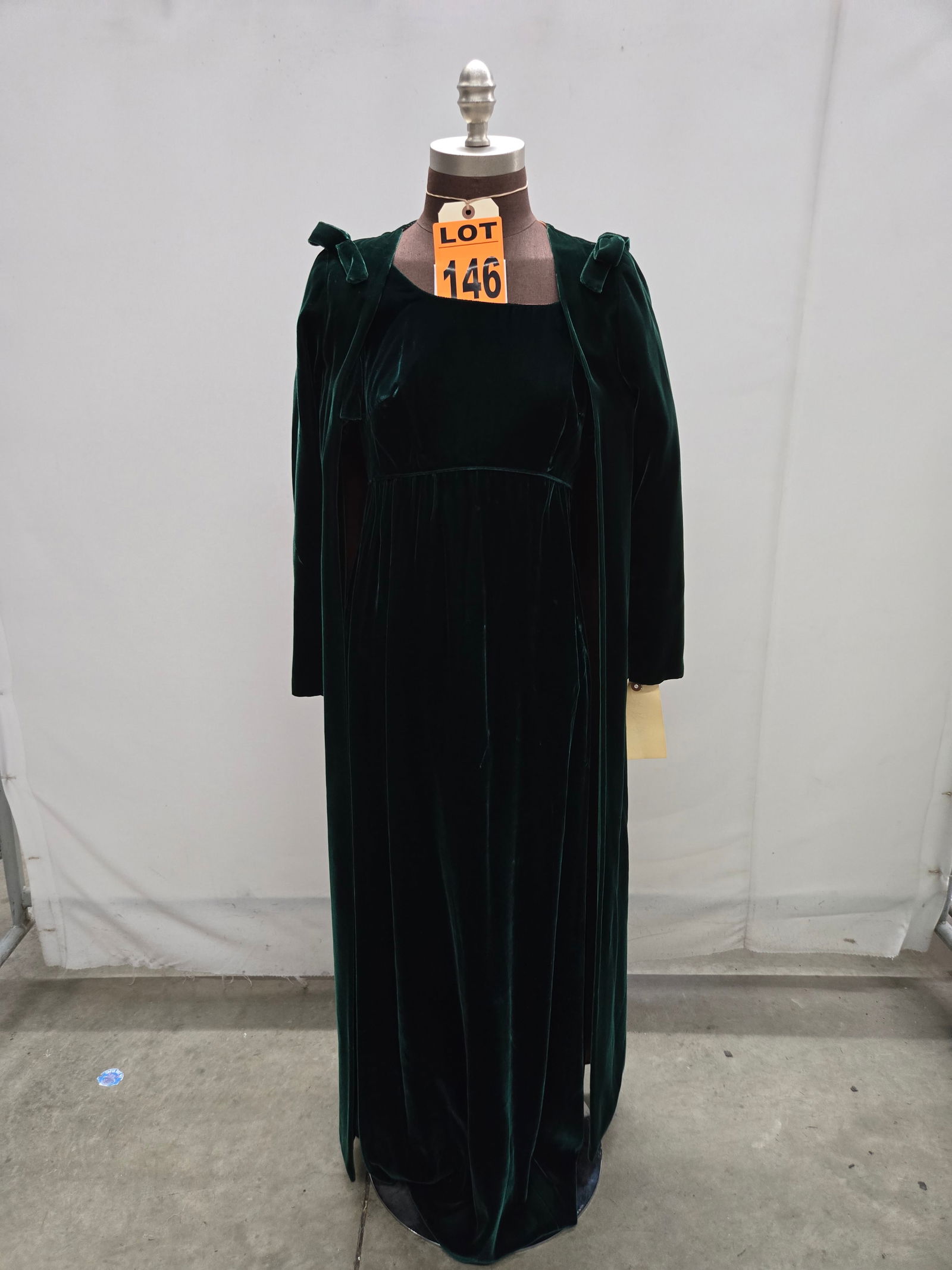 Evening gown set, 1960s, dark-green velvet, empire waist with cap sleeves and matching maxi coat (sh (1 of 4)