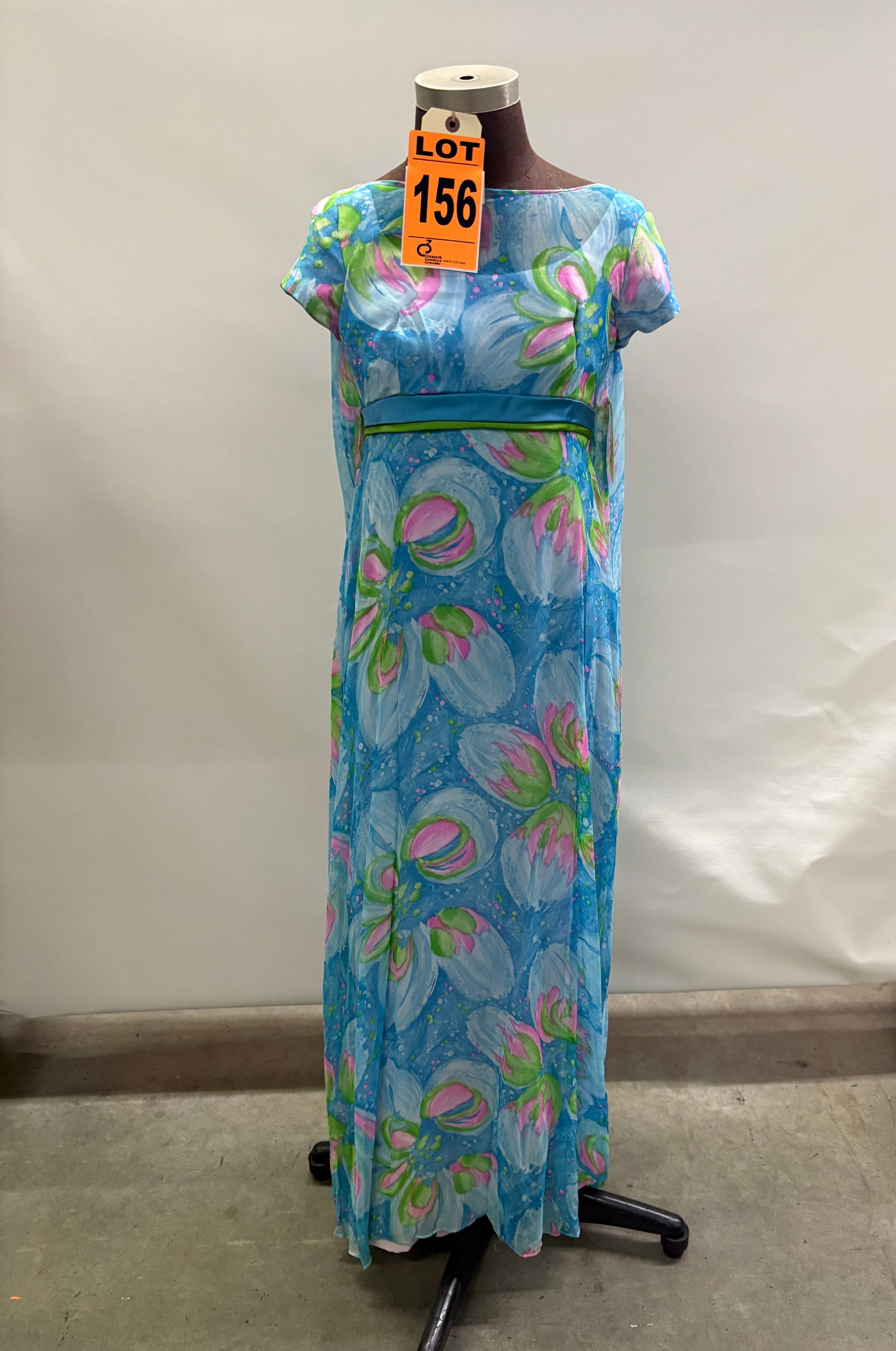 Evening gown, 1960s, blue/pink/lime large-floral silk chiffon over lavender taffeta, by David Morris (1 of 7)