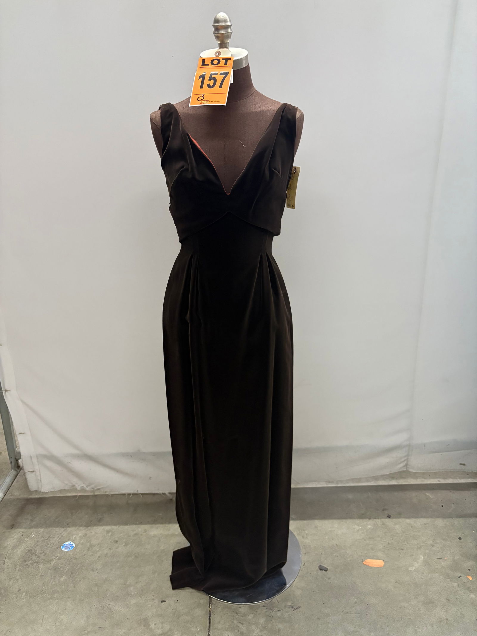 Evening gown, 1960s, chocolate-brown velvet, deep V-neck with back belt. (1 of 8)