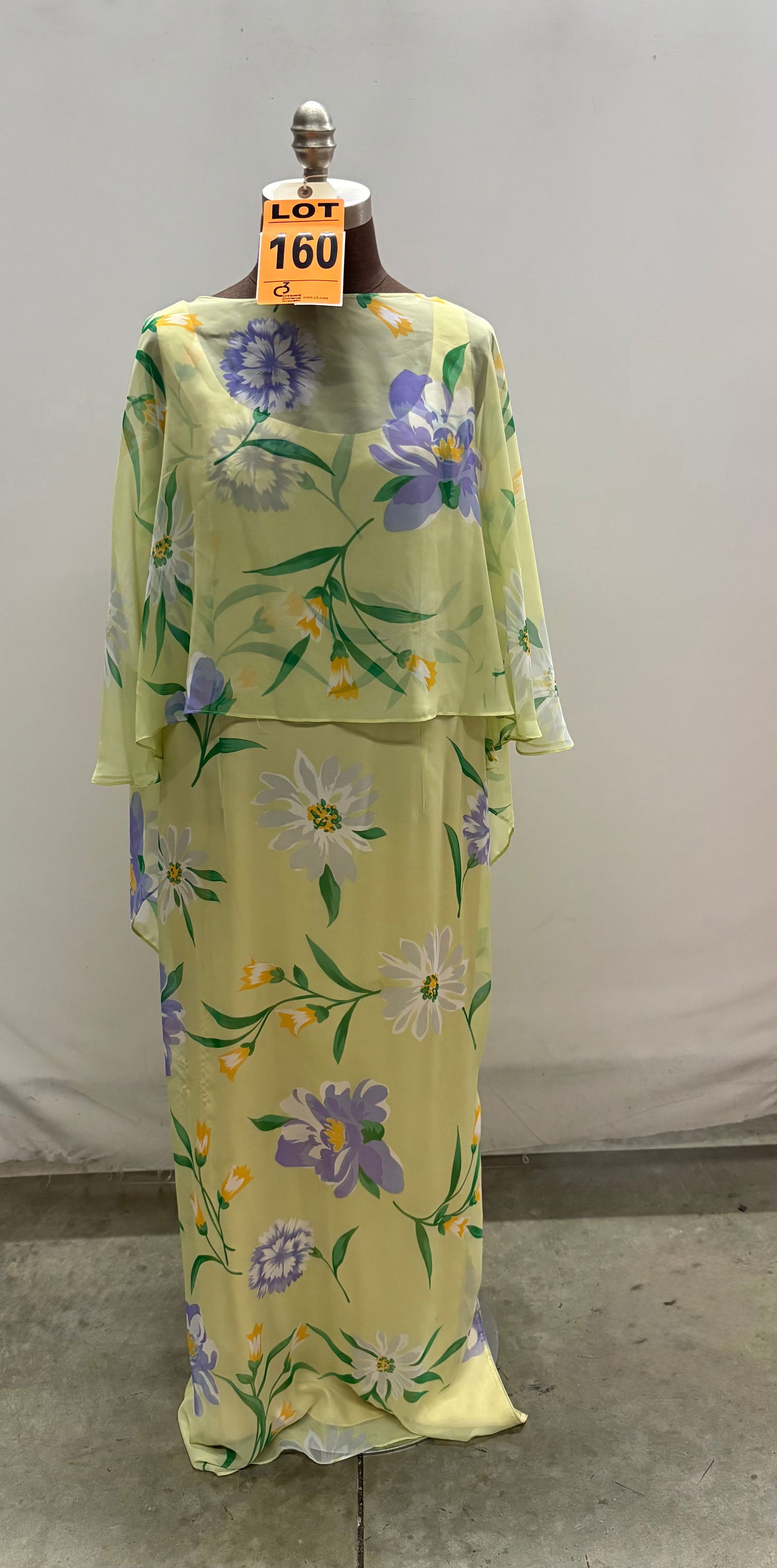 Evening gown, 1970s, mint-green/lavender floral silk chiffon over yellow acetate, attached cape top, (1 of 5)