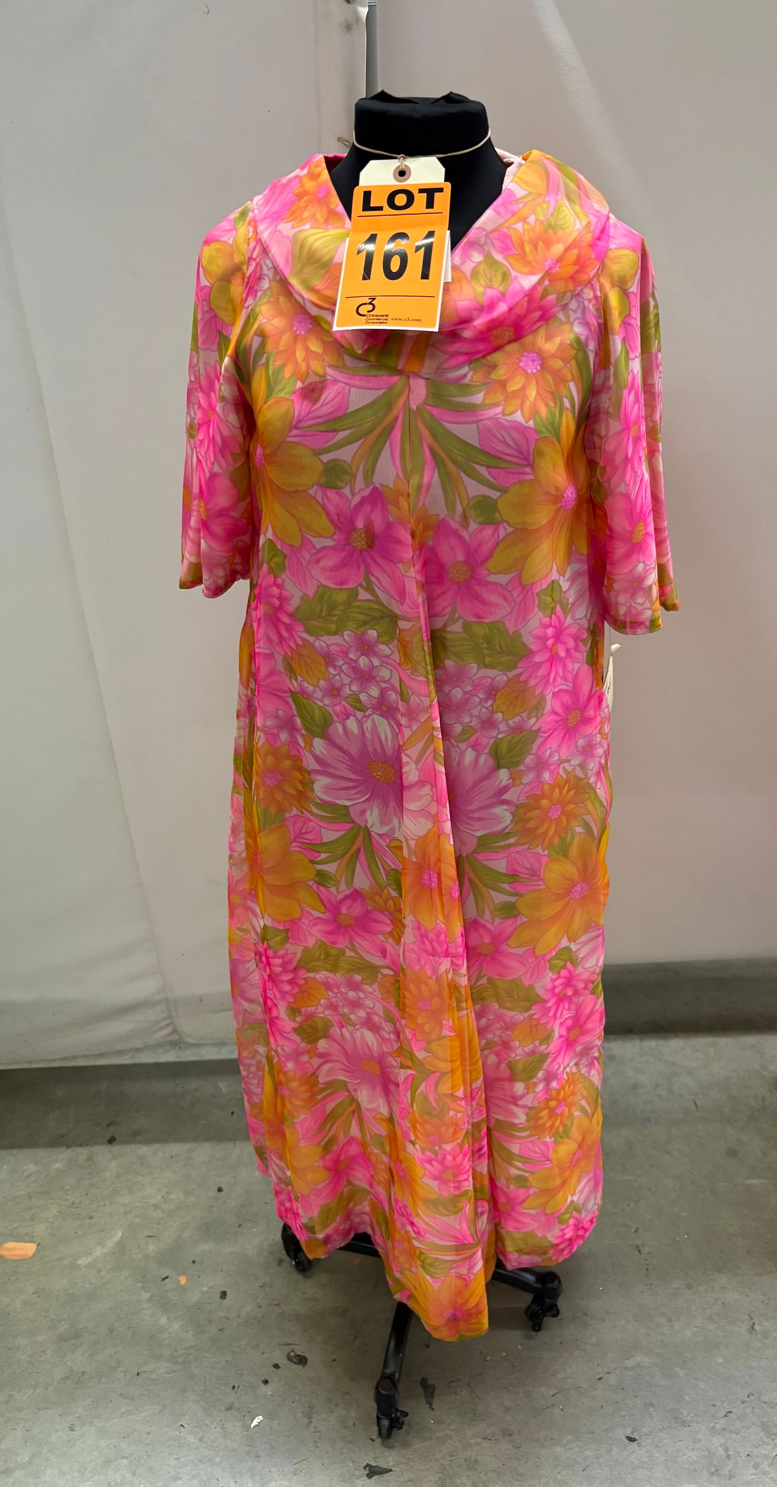 Evening gown, 1970s, pink/orange/yellow/green/white large-floral chiffon over baby-pink taffeta, dra (1 of 4)