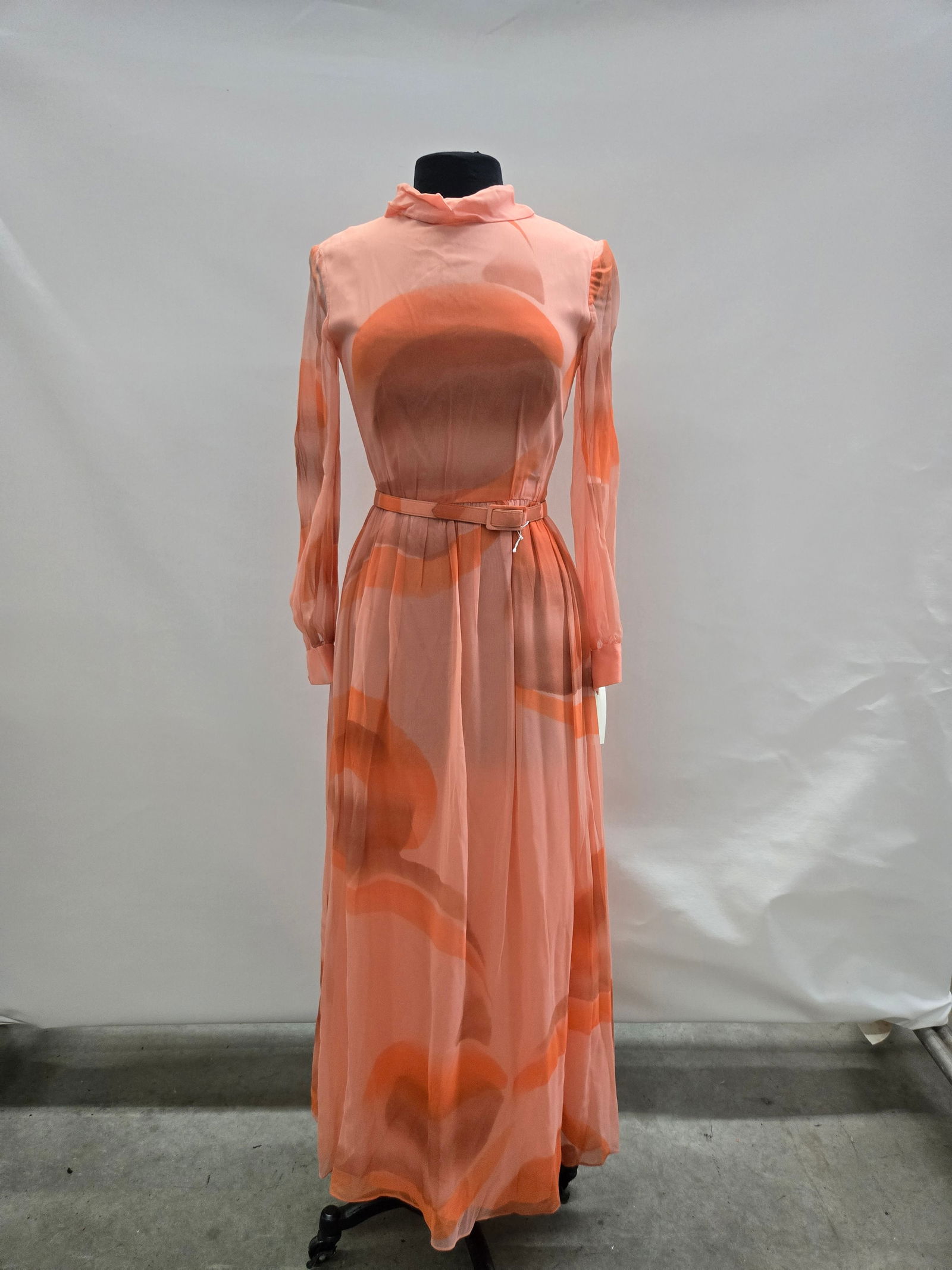 Evening gown set, 1970s, peach/orange/brown abstract-oval chiffon with silk belt, two-piece. (1 of 6)