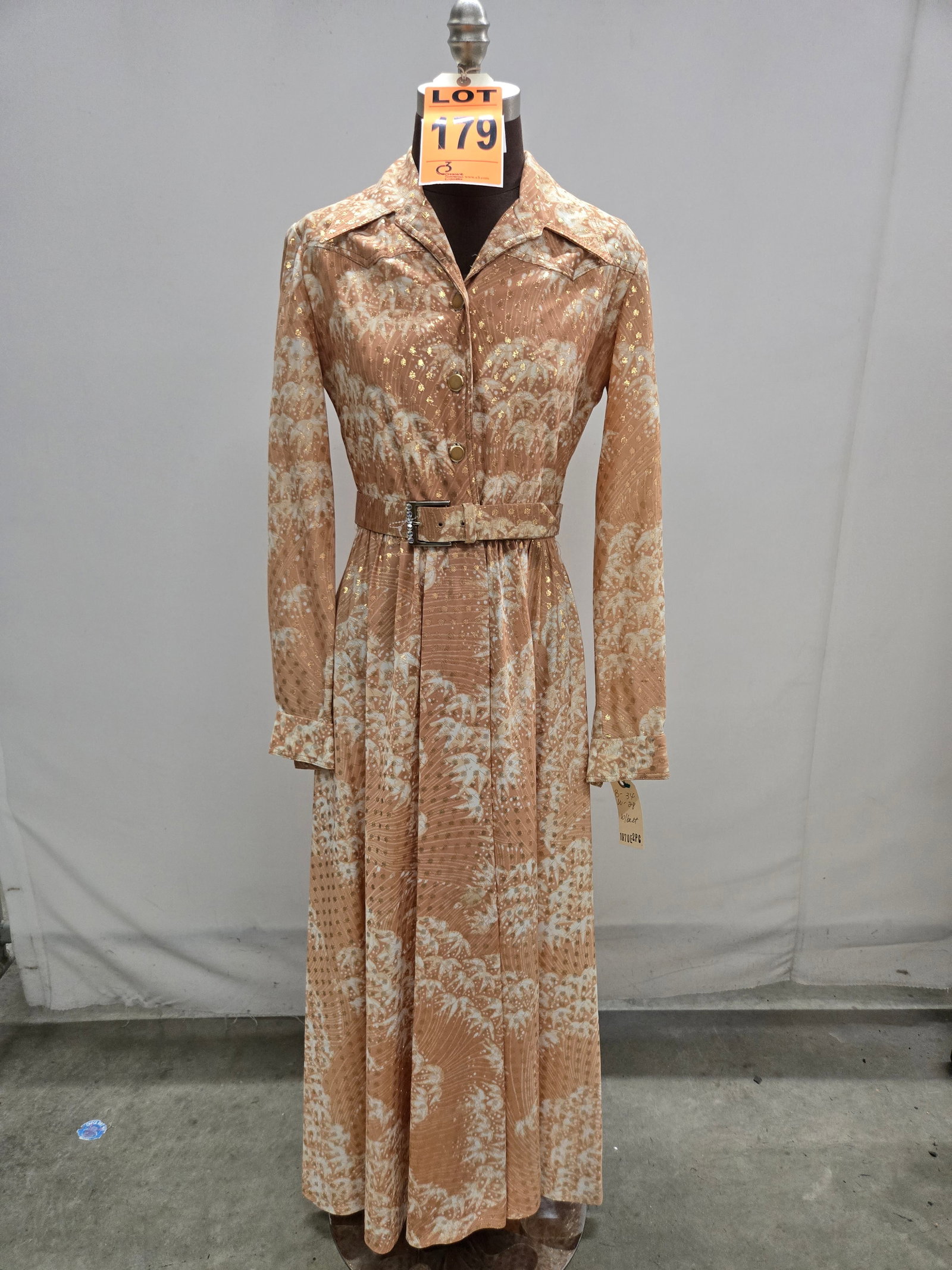 Evening gown set, 1970s, white/beige/tan with gold lamé dots, long sleeve with self belt, two-p: Evening gown set, 1970s, white/beige/tan with gold lamé dots, long sleeve with self belt, two-piece. IMPORTANT NOTE TO BIDDERS: We are not an auction gallery but a liquidator retained by CRC as t