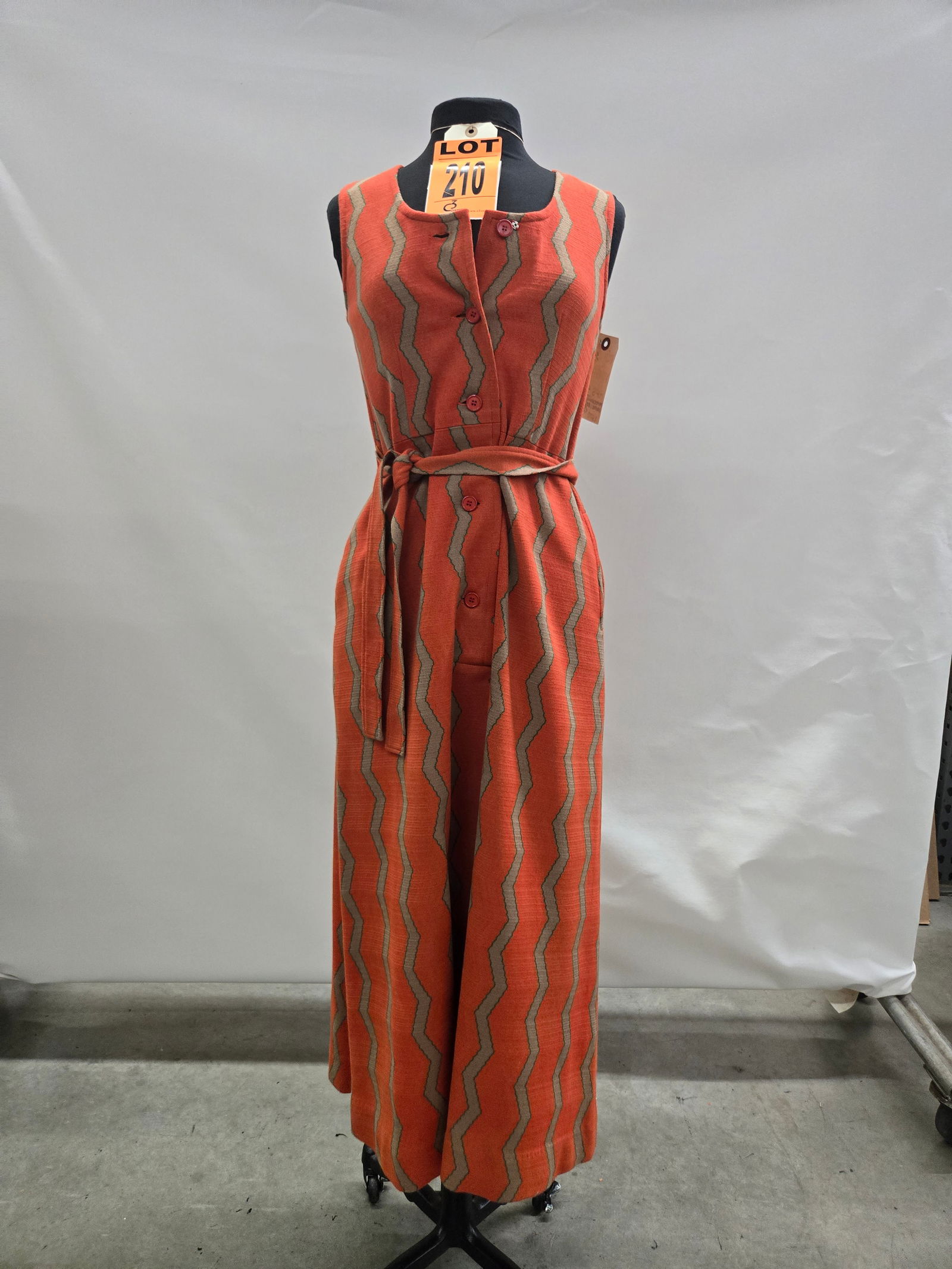 Dress set, 1970s, orange/taupe/green zig-zag striped wool, tie belt, button front, by Naigau. (1 of 5)