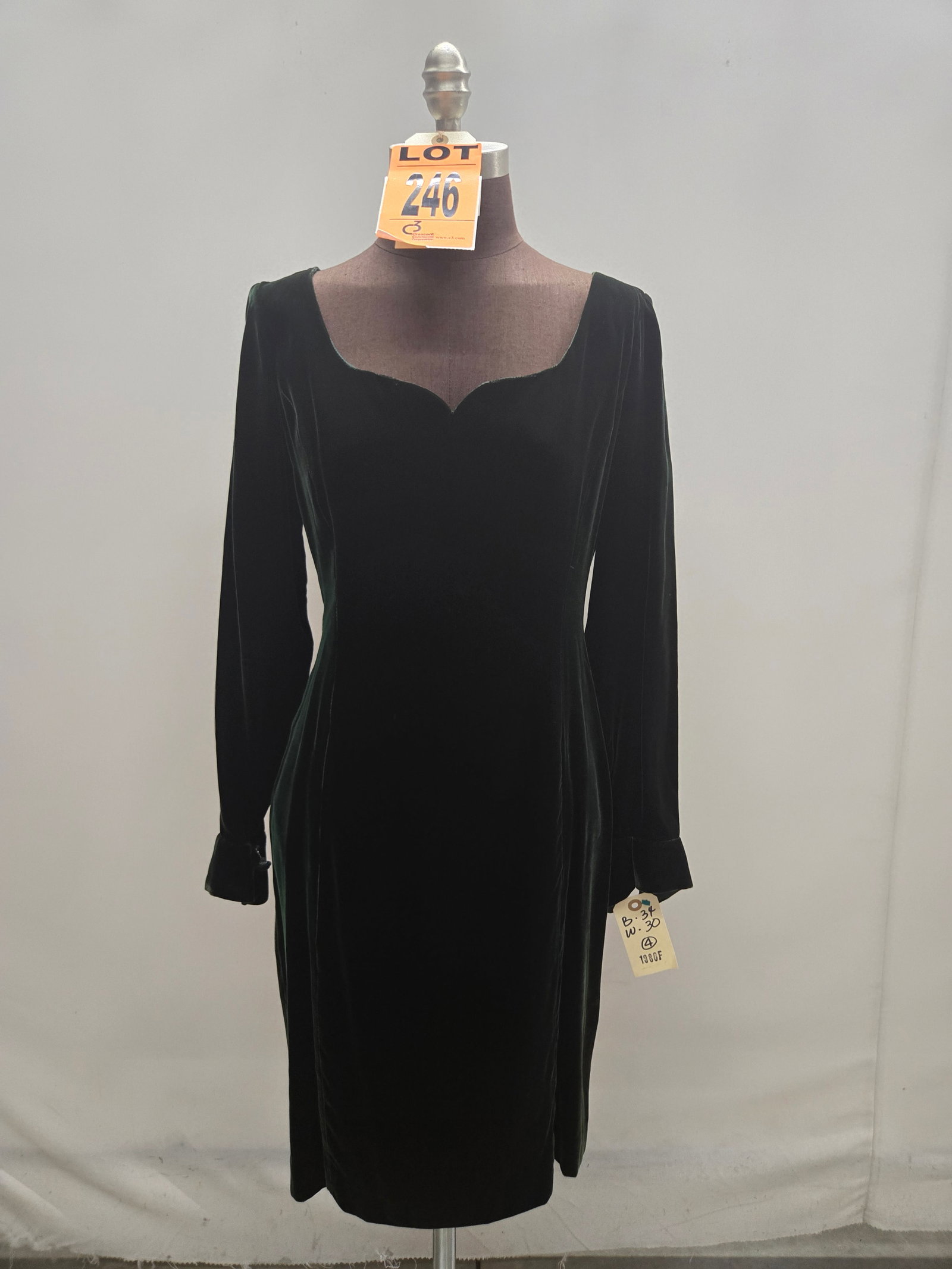 Cocktail dress, 1980s, green velvet, sculpted neck, by Anne Klein II. (1 of 5)