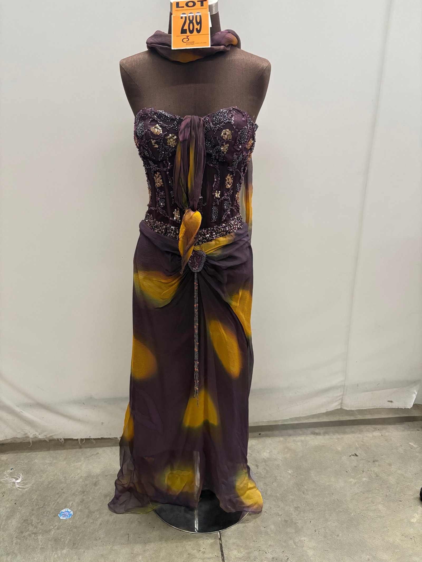 Evening gown set, 2000s, purple/gold/olive circle-pattern silk chiffon halter with beaded bra-top bo (1 of 7)