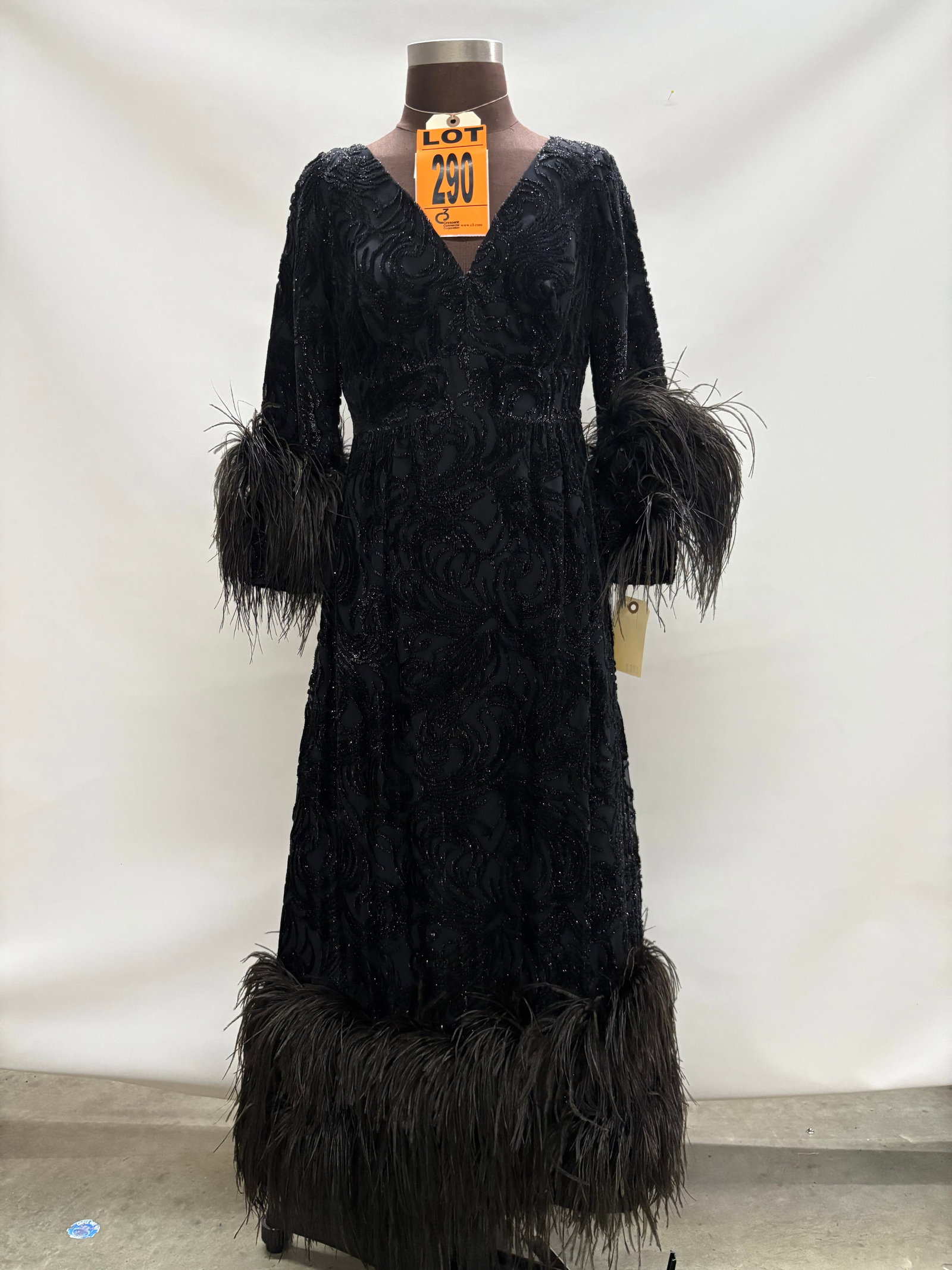 Evening gown, 1960s, black/silver metallic burnout velvet with black ostrich-feather trim, V-neck, s (1 of 12)