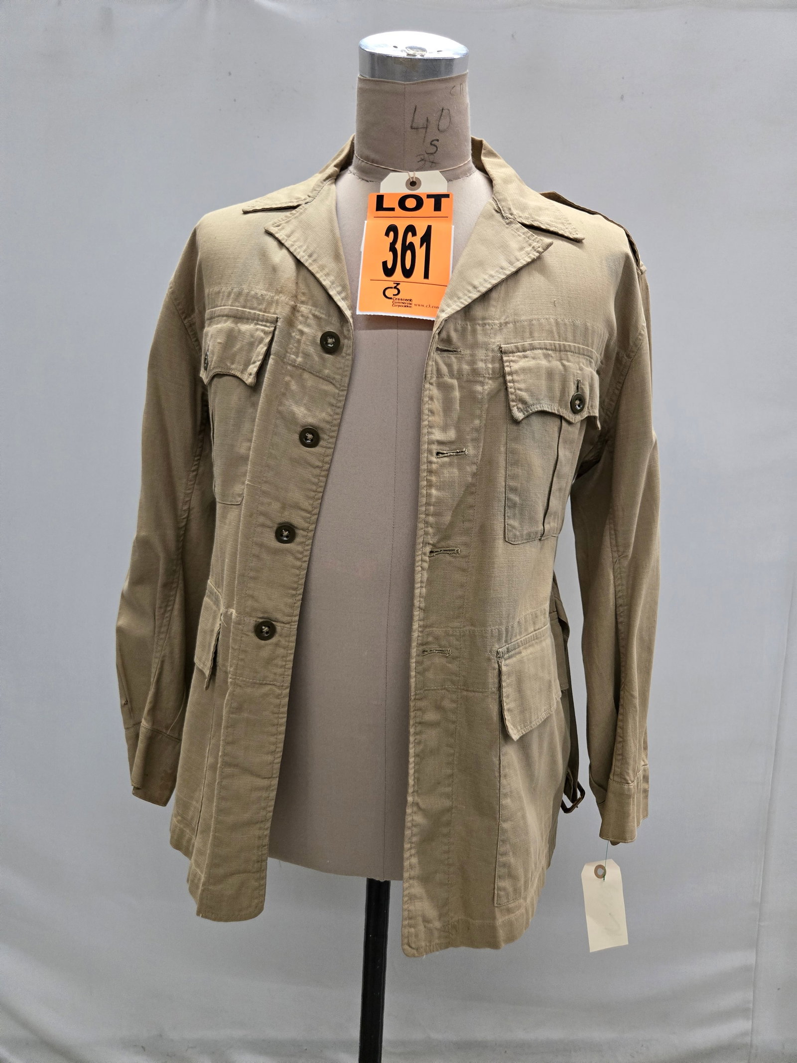 Size 10 British aerotex bush jacket with attached waist belt.: Size 10 British aerotex bush jacket with attached waist belt. (1 pcs). dated 1949 Location: Row 29A, Item #4 IMPORTANT NOTE TO BIDDERS: We are not an auction gallery but a liquidator retained by CRC a