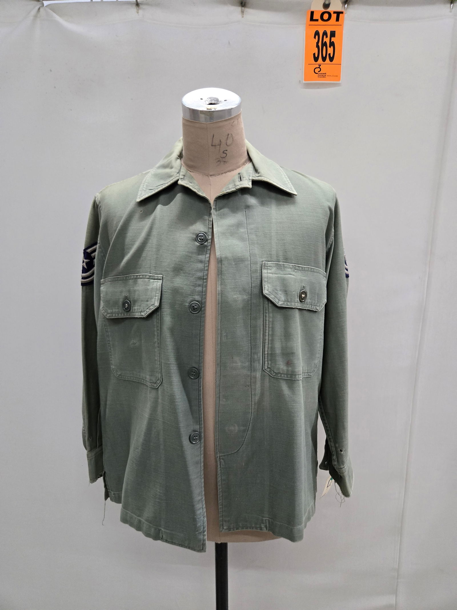 Vintage USAF 1950's pre-cotton sateens: Vintage USAF pre cotton sateens, 1950s with master sergeants chevrons and clipped breast pockets. In size large. Grey green color still in evidence. (1 pcs). dated 1956 Location: Row 29A, Item #8 IMPO