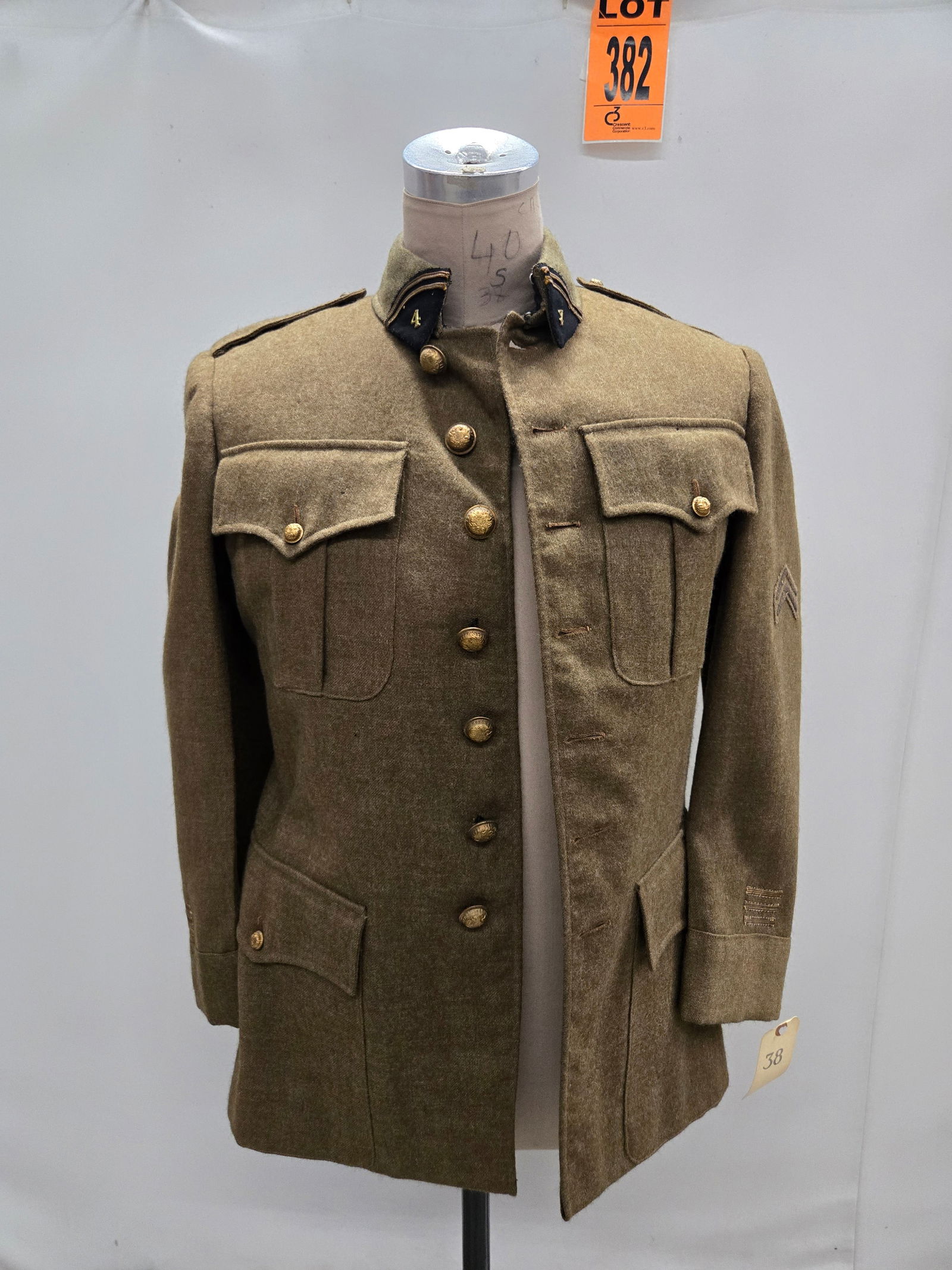 WWI French army corporals tunic with bullion gold service chevrons, 4th infrantry insignia. Featured (1 of 7)