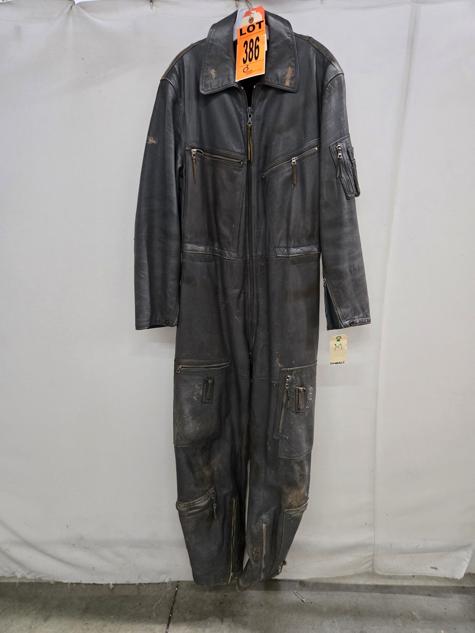 Leather racing suit/flight suit with OPY German zippers; size medium, dated 1950 (1 of 8)
