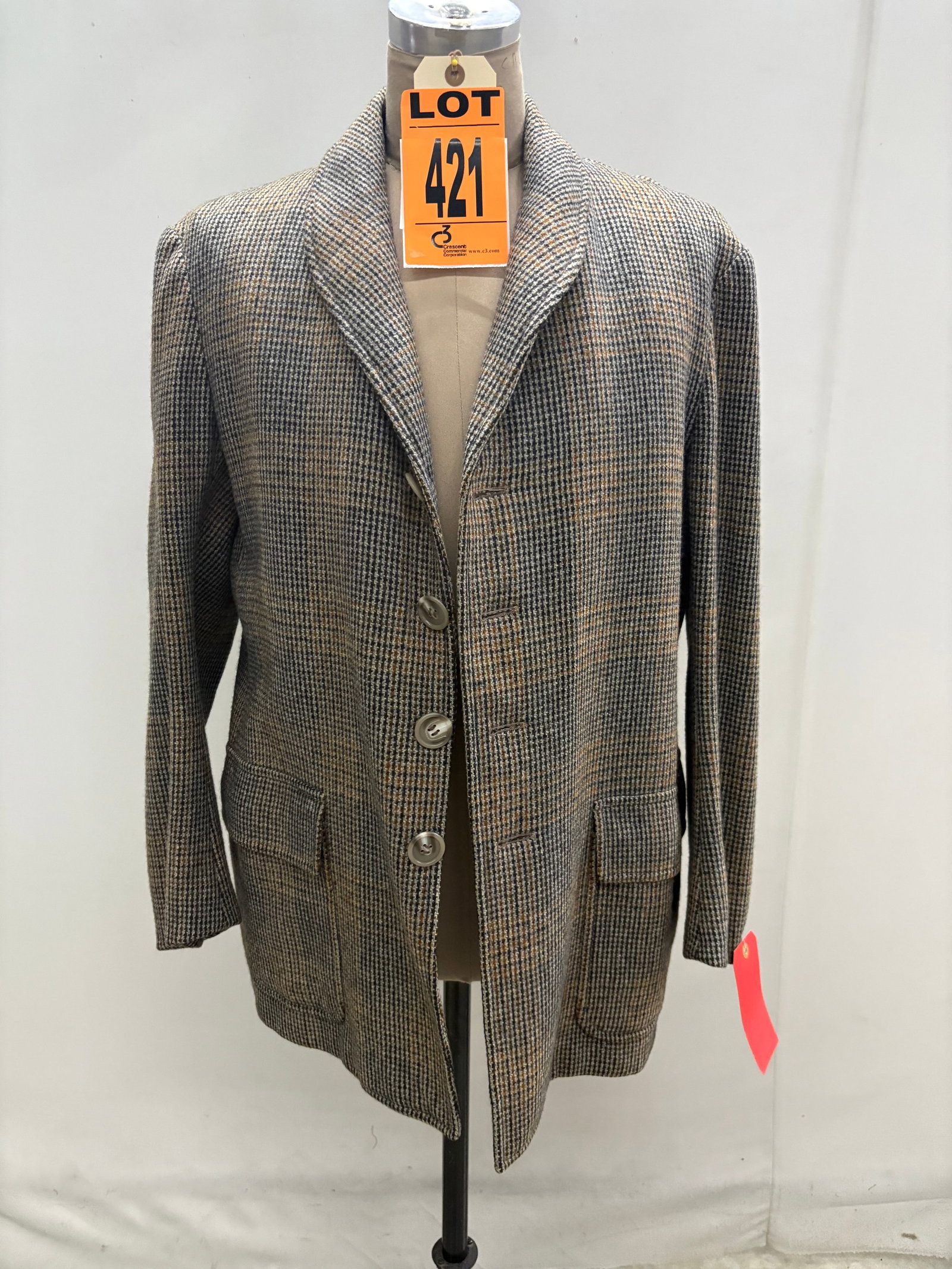 1950s. Grey and tan houndstooth jacket with notch lapel, three-button front, single chest pocket, (1 of 8)