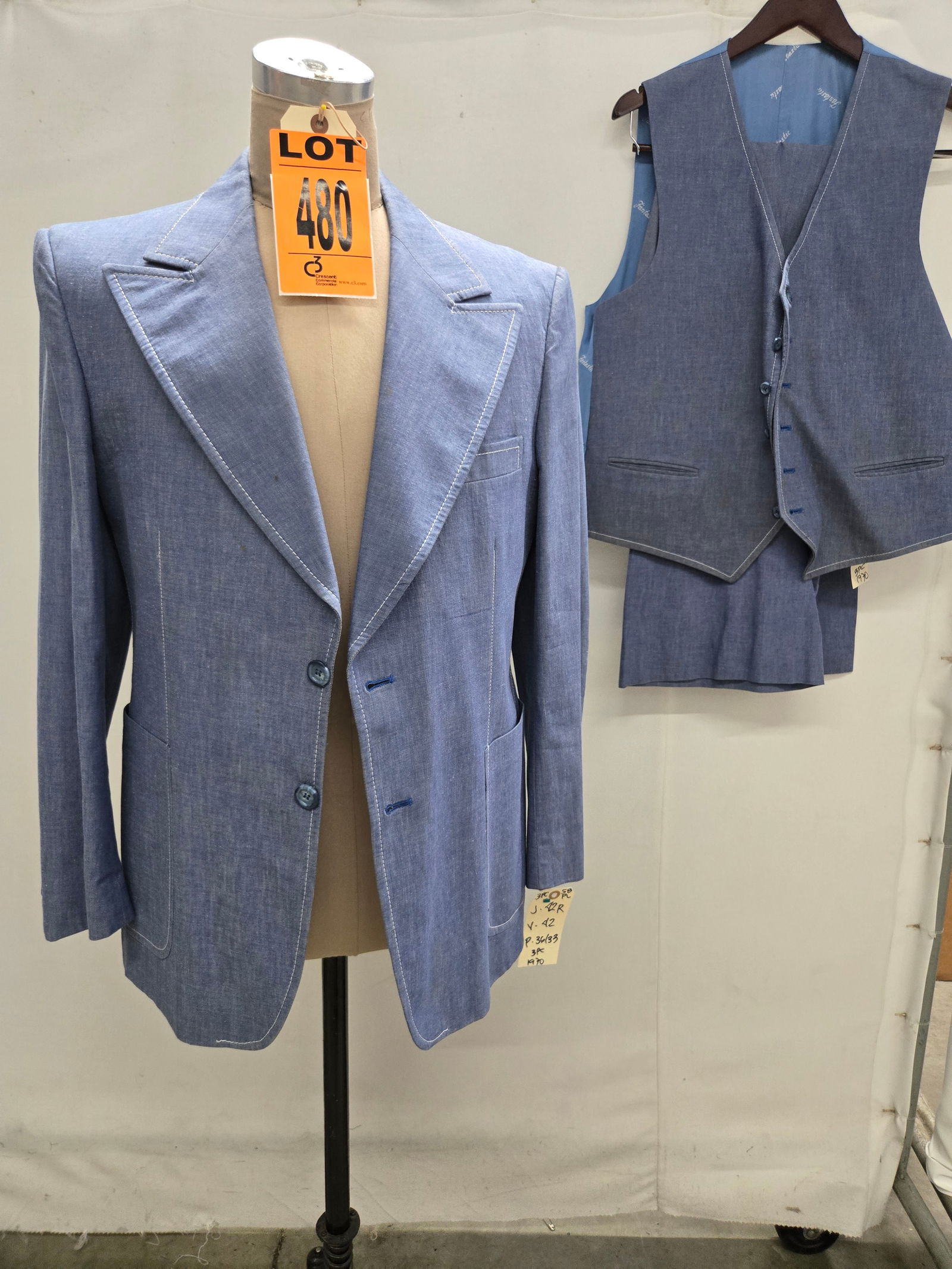 3-Piece 1970's Suit Set, Size 42R Jacket, Size 42 Vest, Size 36 / 33 Pants, matching denim-style, by (1 of 10)