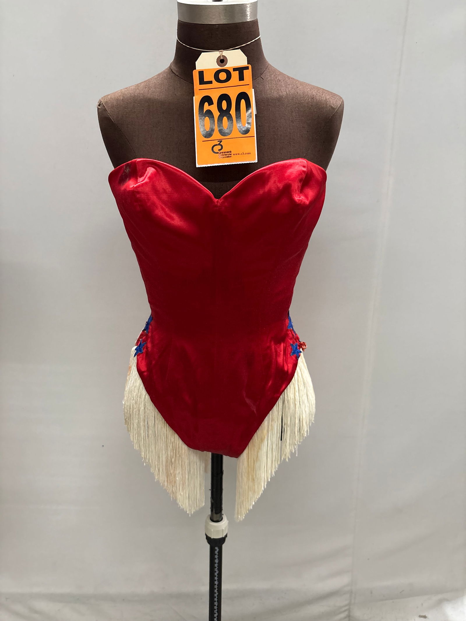 2pc Red Satin Strapless Corset-Style Bodice with sweetheart neckline, decorated with blue (1 of 6)