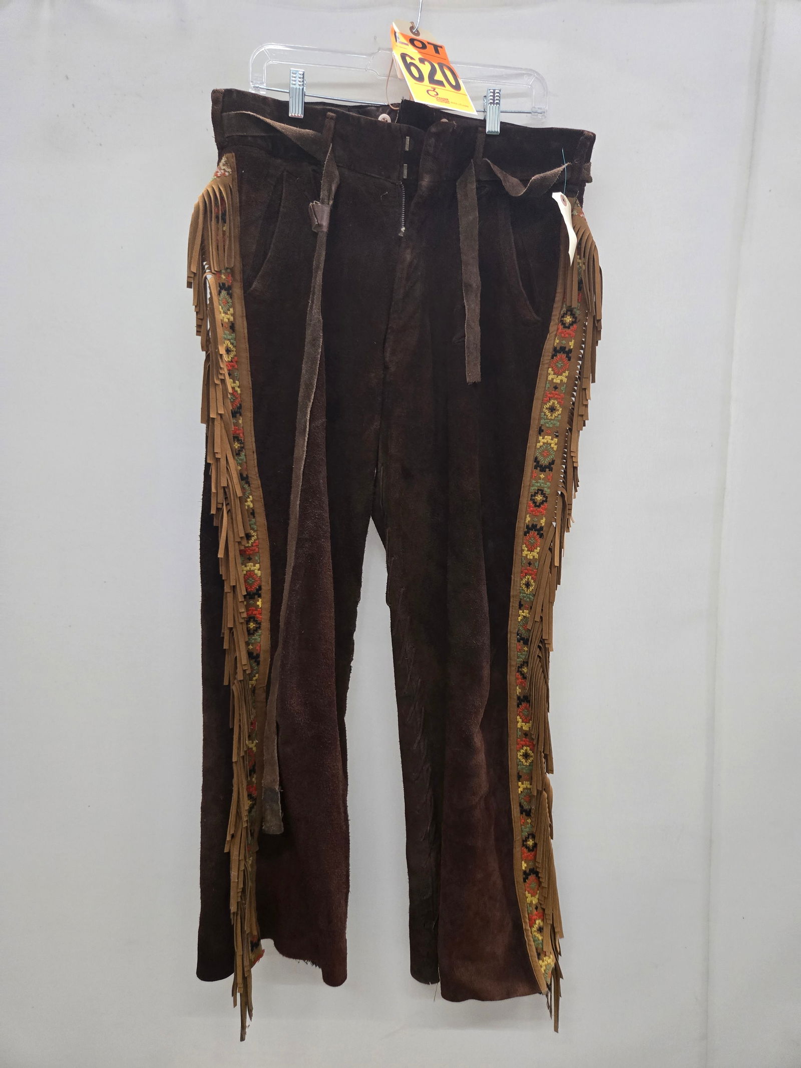 Frontier pants, 2-piece dark brown suede, embroidered motif down leg, fringe, tie belt (1 of 5)