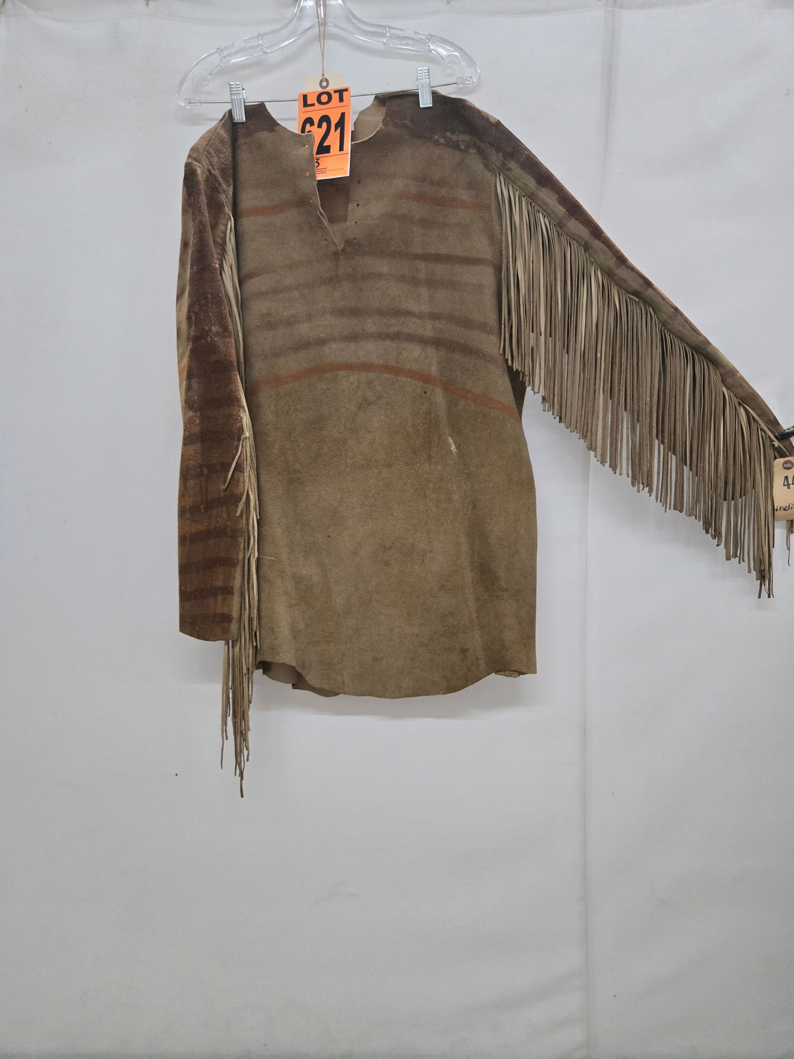 Native American shirt, tan suede, painted with brown/orange stripes, fringe on sleeves (1 of 6)