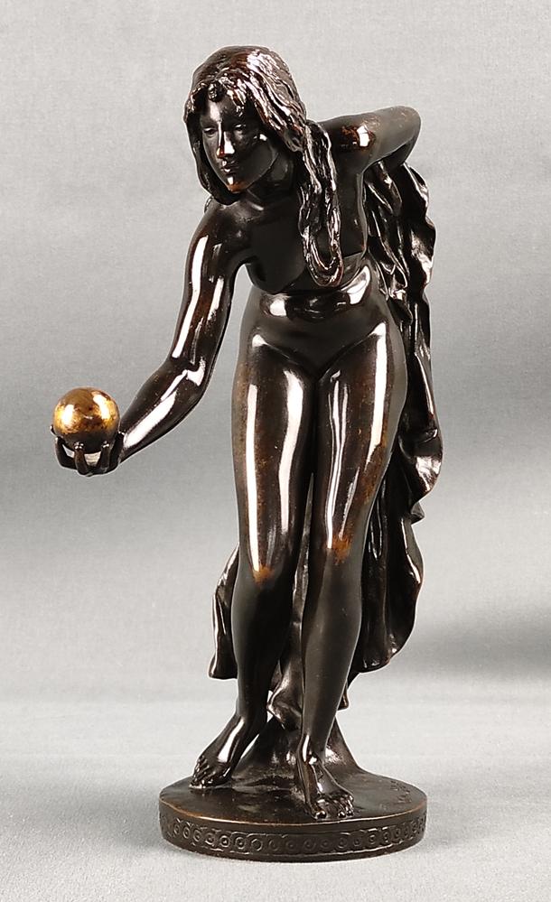 Female ball player, female nude, holding a golden ball: Female ball player, female nude, holding a golden ball in her right hand, on round base, signed "Walter Schott fec", foundry stamp on the reverse: Akt. Ges. Gladenbeck, Friedrichshagen, bronze, height