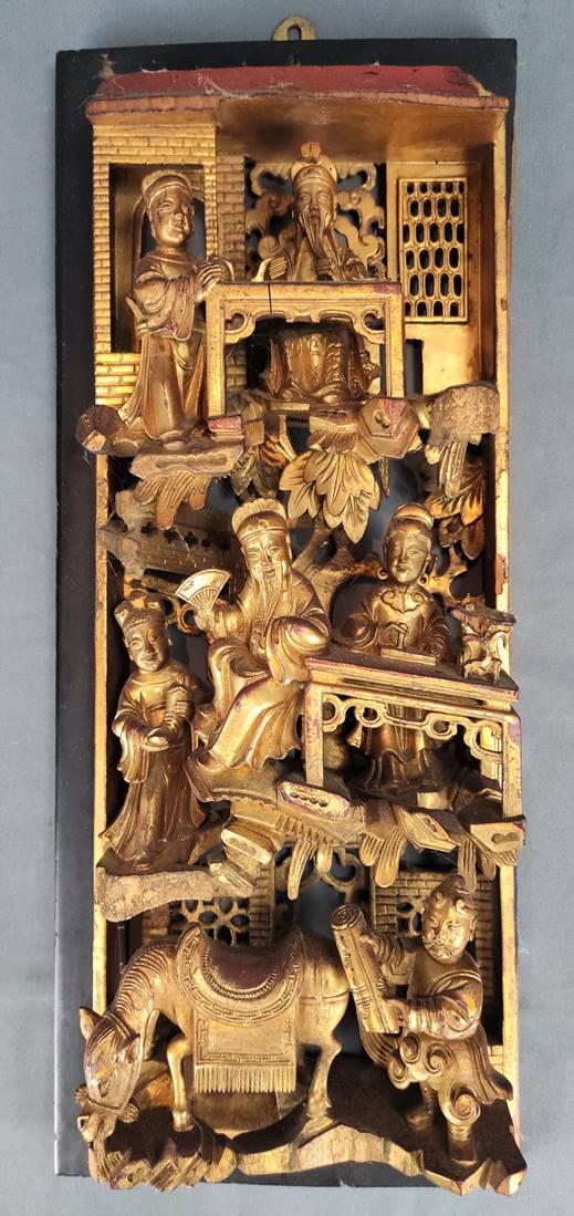 Chinese wall panel, elaborate carving, wood gilded, (1 of 3)