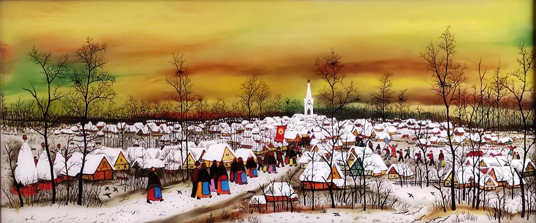 Naive reverse glass painting, "Feiertag", inscribed and (1 of 3)