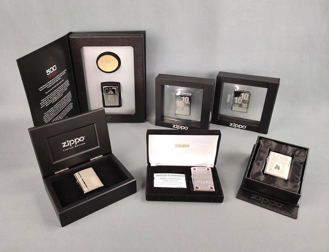 Zippo Konvolut Limited Editions and annual editions, consisting of: "Annual: Zippo Konvolut Limited Editions and annual editions, consisting of: "Annual Lighter 2012, Chimney and Flames", special new edition in honor of the 80th anniversary, Edition 0779/1000, in beautiful vel
