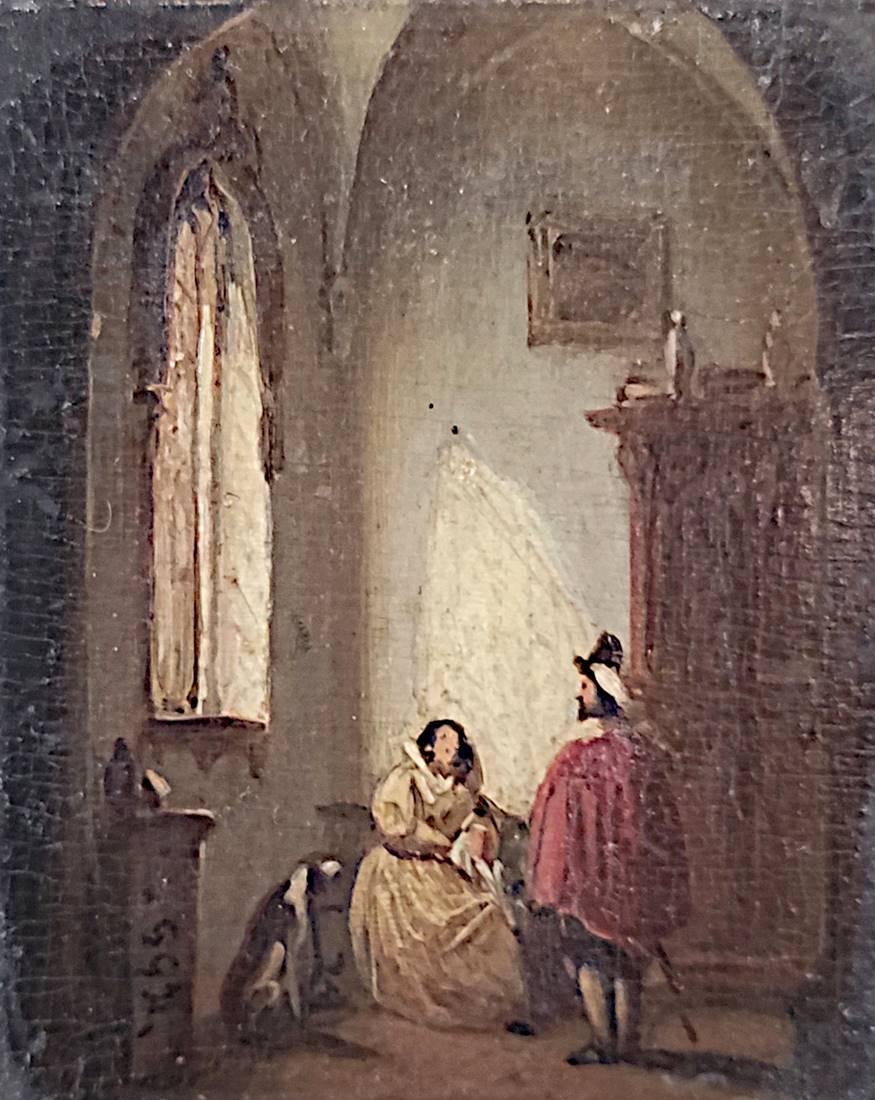 Miniature painting (19th century) "Domestic scene" with sitting dog, oil on: Miniature painting (19th century) "Domestic scene" with sitting dog, oil on wood, monogrammed on the left, in the style of Dutch Baroque painting, in gold frame, dimensions painting 6,5x6cm, dimension