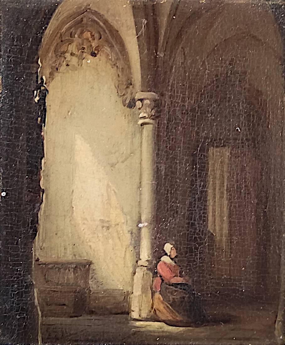 Miniature painting (19th century) "Sitting woman" in church, oil on wood, m (1 of 3)