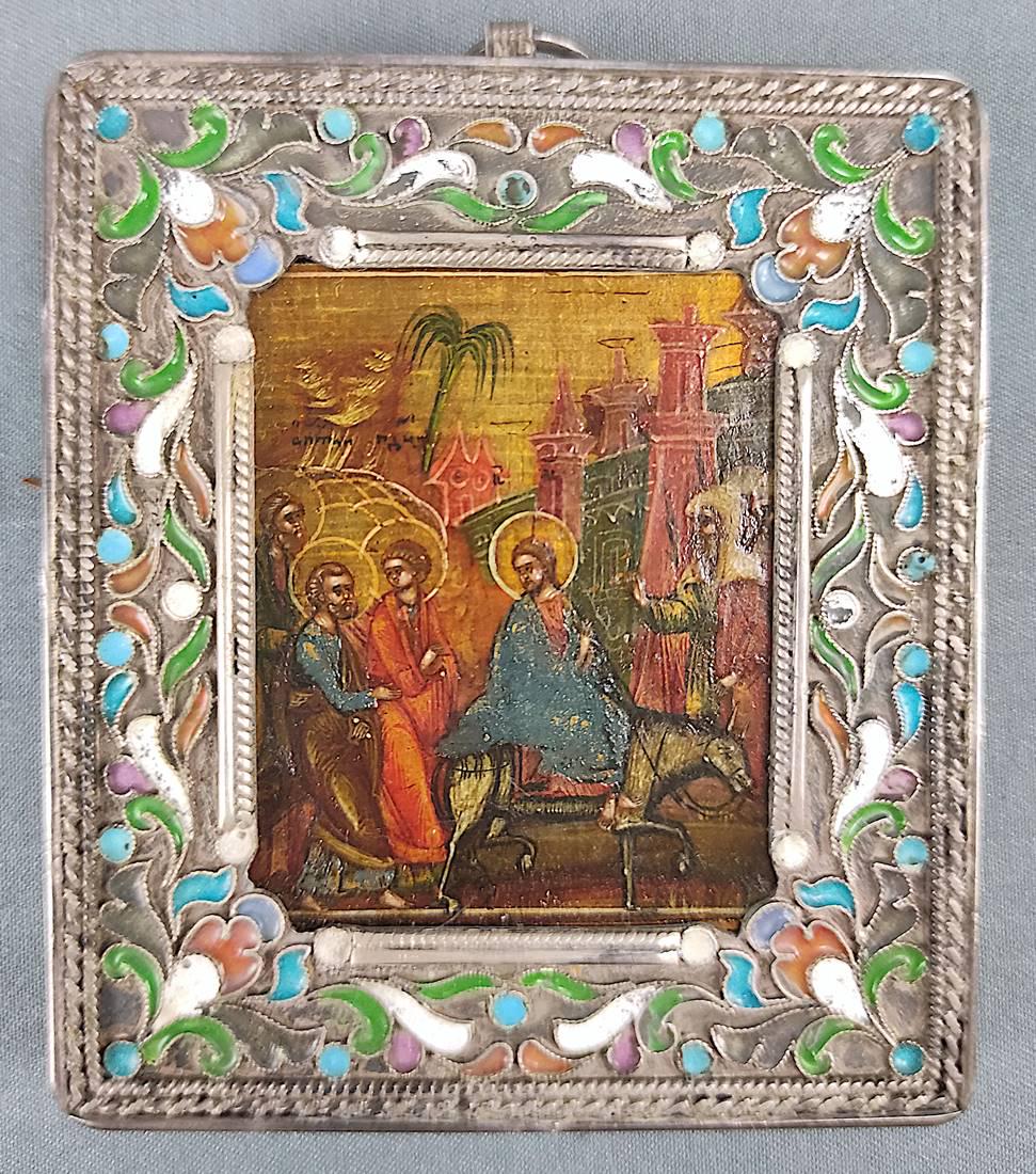 Travelling icon, enamelled rim, in the centre depiction "Entry into Jerusal (1 of 3)