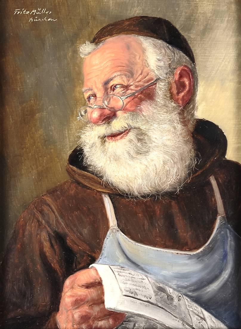 Müller, Fritz (1913-1972 Munich) "Monk with Newspaper", oil on panel, signe (1 of 4)
