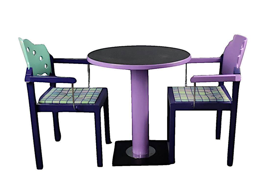 Design set of seats, in purple, black and mint green, consisting of a table: Design set of seats, in purple, black and mint green, consisting of a table and two chairs, seats in checked pattern, marked with small golden circle "Michael Thonet", 1990s, wood, dimensions table: h