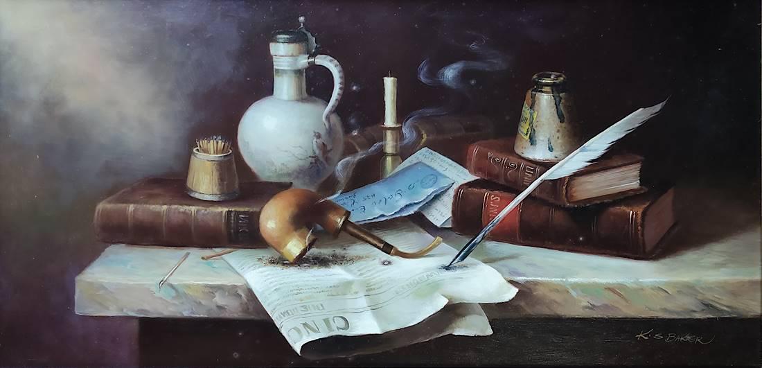 Baker, K. Siegfried (1922 Kleve) "Still Life" in the Old Master style with: Baker, K. Siegfried (1922 Kleve) "Still Life" in the Old Master style with jug, books, inkstand, candle and extinguishing pipe, signed lower right, oil on wood, 30.6x60 cm, 40.5x70 cm with frame, labe