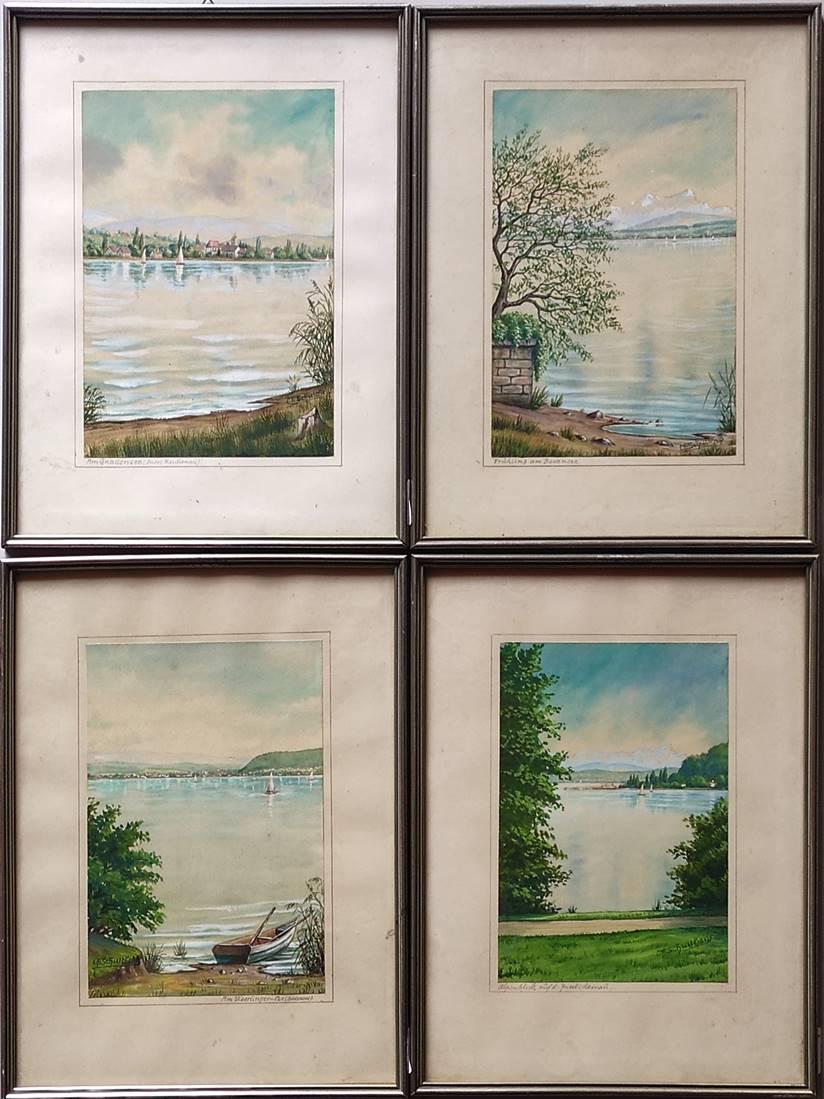 SchultheiÃŸ, C.F. (20th century) 4 watercolours, "Am Gnadensee (Insel Reiche: SchultheiÃŸ, C.F. (20th century) 4 watercolours, "Am Gnadensee (Insel Reichenau)", "Am Ãœberlinger-See (Bodensee)", "FrÃ¼hling am Bodensee", "Alpenblick auf die Insel Mainau", each signed and ti