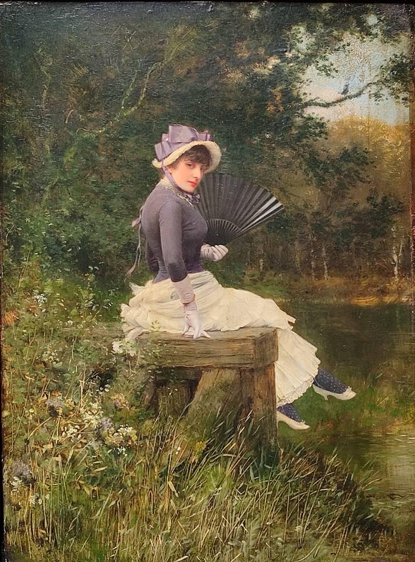 Van Beers, Jan (1852 Lierre - 1927 Fay-aux-Loges) attributed, "Sitting Lady: Van Beers, Jan (1852 Lierre - 1927 Fay-aux-Loges) attributed, "Sitting Lady", with fan and hat, sitting by a body of water on a wooden jetty, surrounded by lush greenery, oil on wood, no signature app