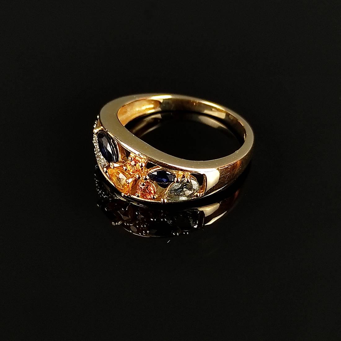 Multicolour gemstone ring, 585/14K yellow gold (hallmarked), 4.1g, front is set with sapphire, (1 of 3)