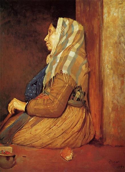 A Roman Beggar Woman 1857: Edgar Degas.Oil on canvas.100.3 x 75.2 cm.Condition:Very good condition with only minor old wear, expected natural imperfections including age wrinkles.Provenance : Mrs. Blair, Newport Beach, Californ