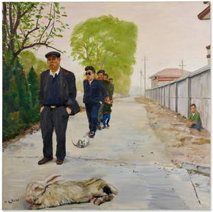 A Dying Rabbit and Nothing to do Men No. 2 2001: Liu Xiaodong.Oil on canvas.200 x 200 cm.Condition:Very good condition with only minor old wear, expected natural imperfections including age wrinkles.Provenance : Private collection from a professor i