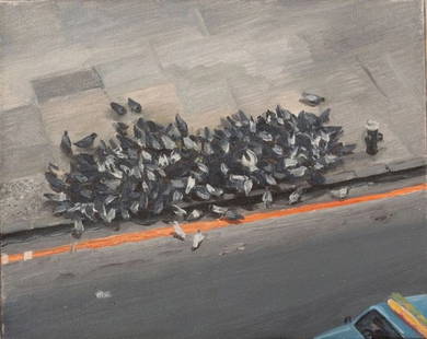 Police car with pigeons 1993: Liu Xiaodong.Oil on canvas.25 x 20 cm.Condition:Very good condition with only minor old wear, expected natural imperfections including age wrinkles.Provenance : Private collection, Hamburg, Germany.