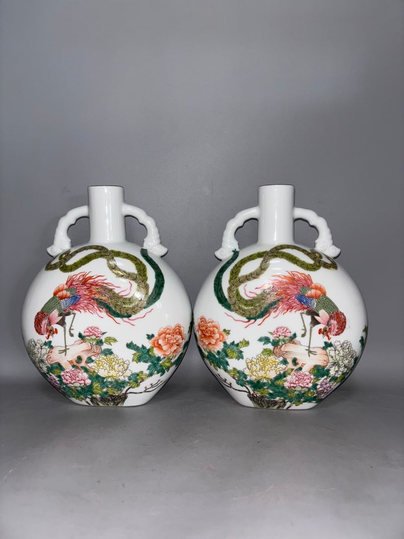 Qing Dynasty Yongzheng famille rose phoenix peony double-handled flat vase: Qing Dynasty Yongzheng famille rose phoenix peony double-ear flat vase height 28 cm Provenance:Private collection , Boston, Massachusetts. Our dedicated team expertly handles both domestic and global 