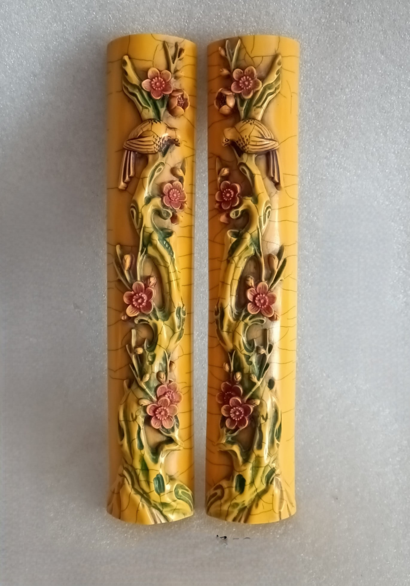 Qing Dynasty Painted YA Carved Paperweight: pair of Qing Dynasty painted and carved paperweights, well-preserved and exquisitely crafted, weighing 933 grams each. Provenance:From a private collection in San Diego, California, USA. Our dedicated